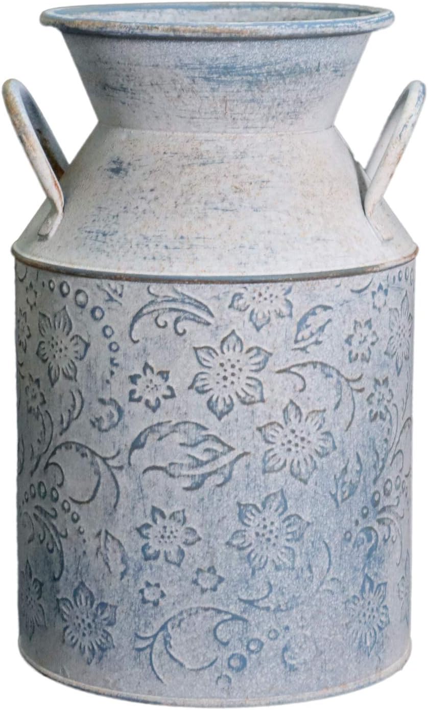 Galvanized Milk Can Antique Retro Vase Metal Planter Rustic Vintage Primitive Flower Holder Farmhouse Country Plant for Home Office Decor, 9.4”