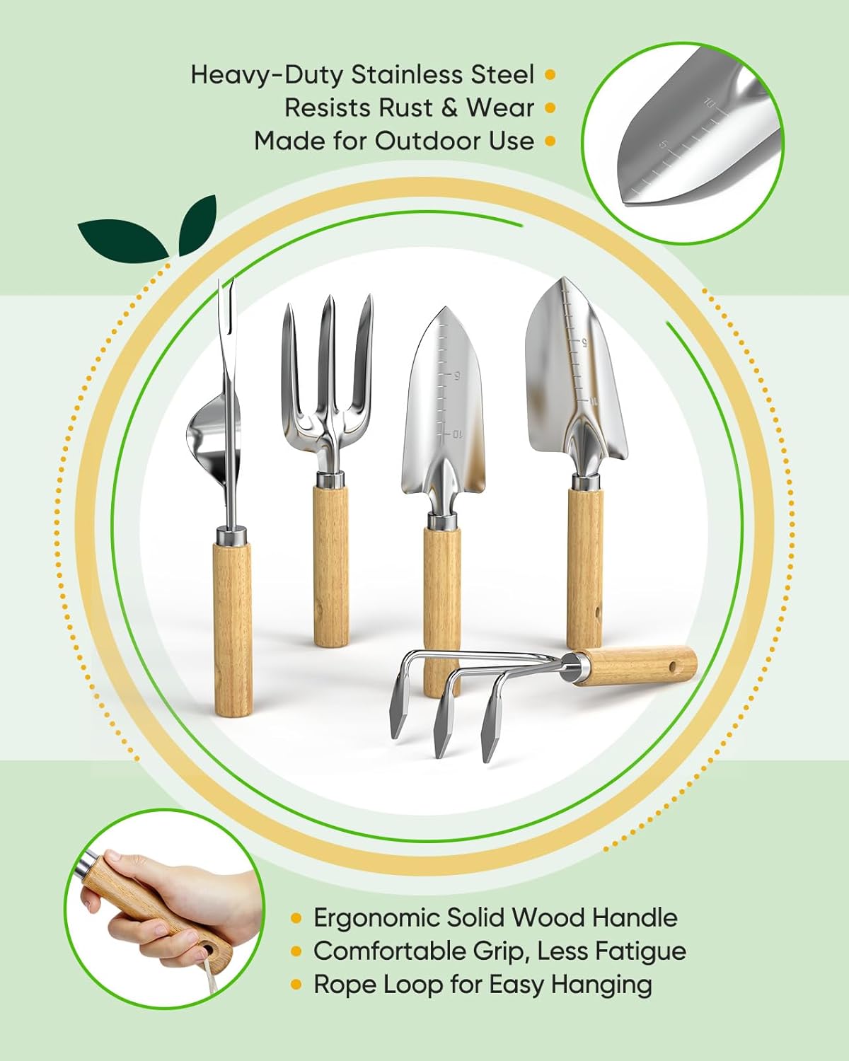 Wood Wall Hooks Organizer Gardening Tool Set, 6-Piece Garden Tools wit