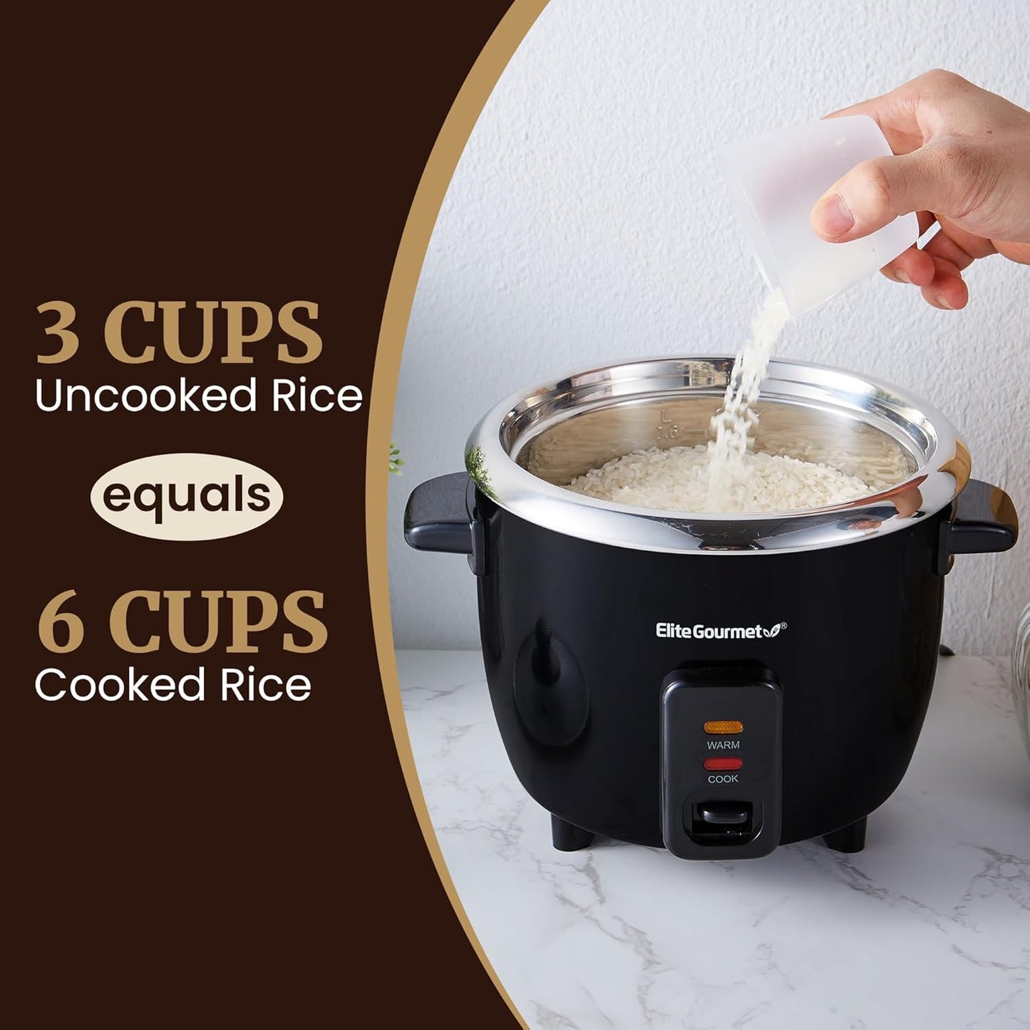 Elite Gourmet ERC006SS 6-Cup Electric Rice Cooker with Stainless Steel Inner Pot, Makes Soups, Stews, Porridges, Grains and Cereals, 6 cup (3 cups uncooked), Black