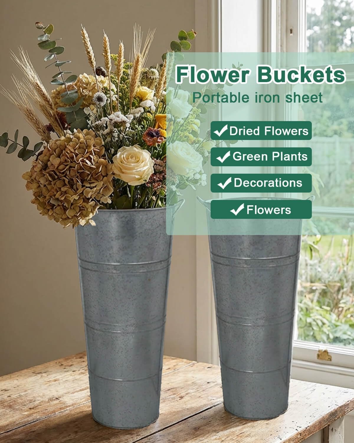 vensovo Metal Flower Bucket Vase, 15 Inch Tall Transparent Black Rustic Farmhouse Centerpiece for Spring Home Decor & Wedding, Set of 2
