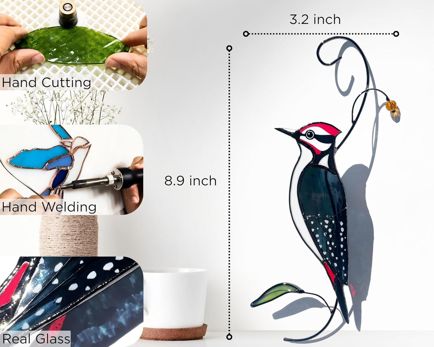 Woodpecker Stained Glass Window Hanging for Women, Mom, Grandma - Handmade Real Glass Bird Suncatcher - Elegant Gifts Box Home Decor (H8.9xW3.2 inch)