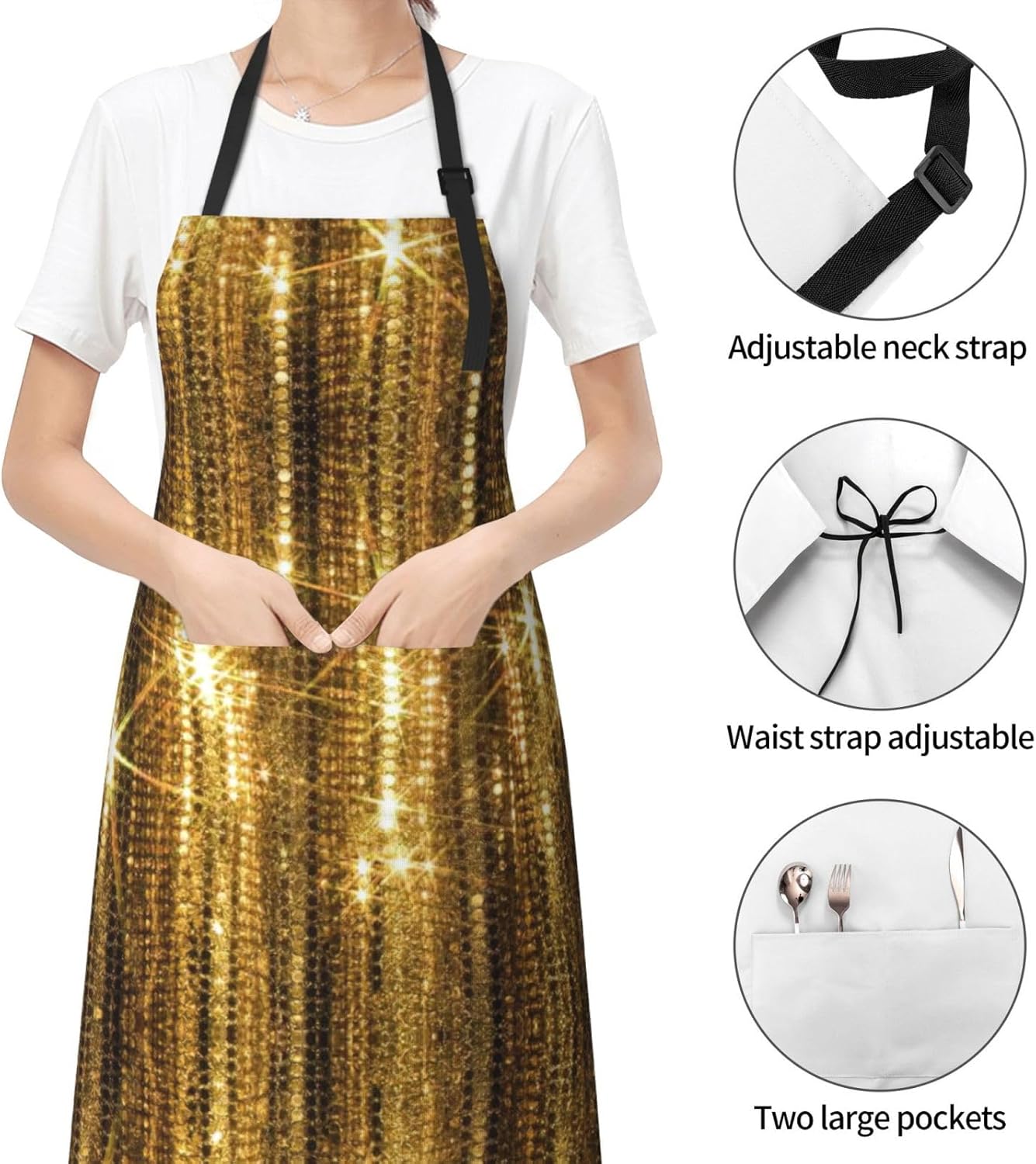 Gold Sequin Sparkle Print 28x33 In Adult Kitchen Apron with Pockets Versatile Chef Smock for Cooking Baking