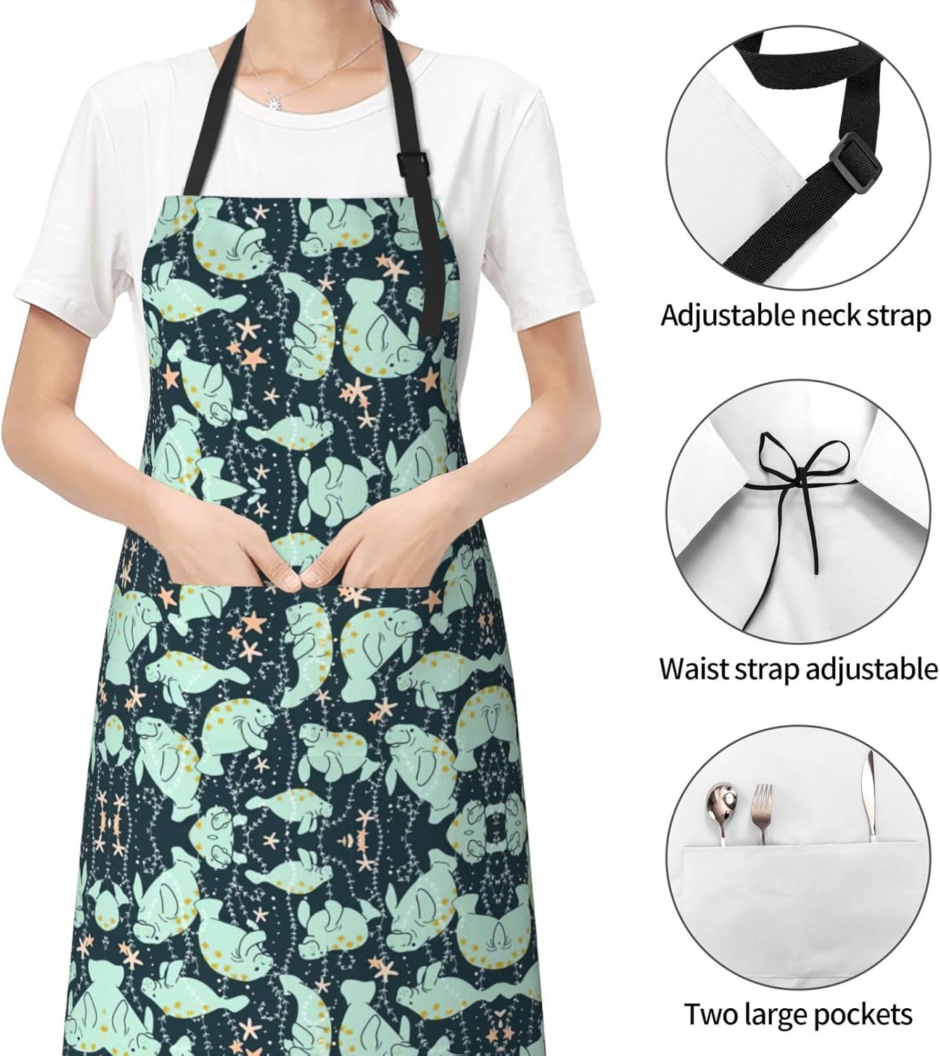 Manatee Animals Calf print Waterproof apron with pocket adjustable cooking apron for adult kitchen bibs to bake