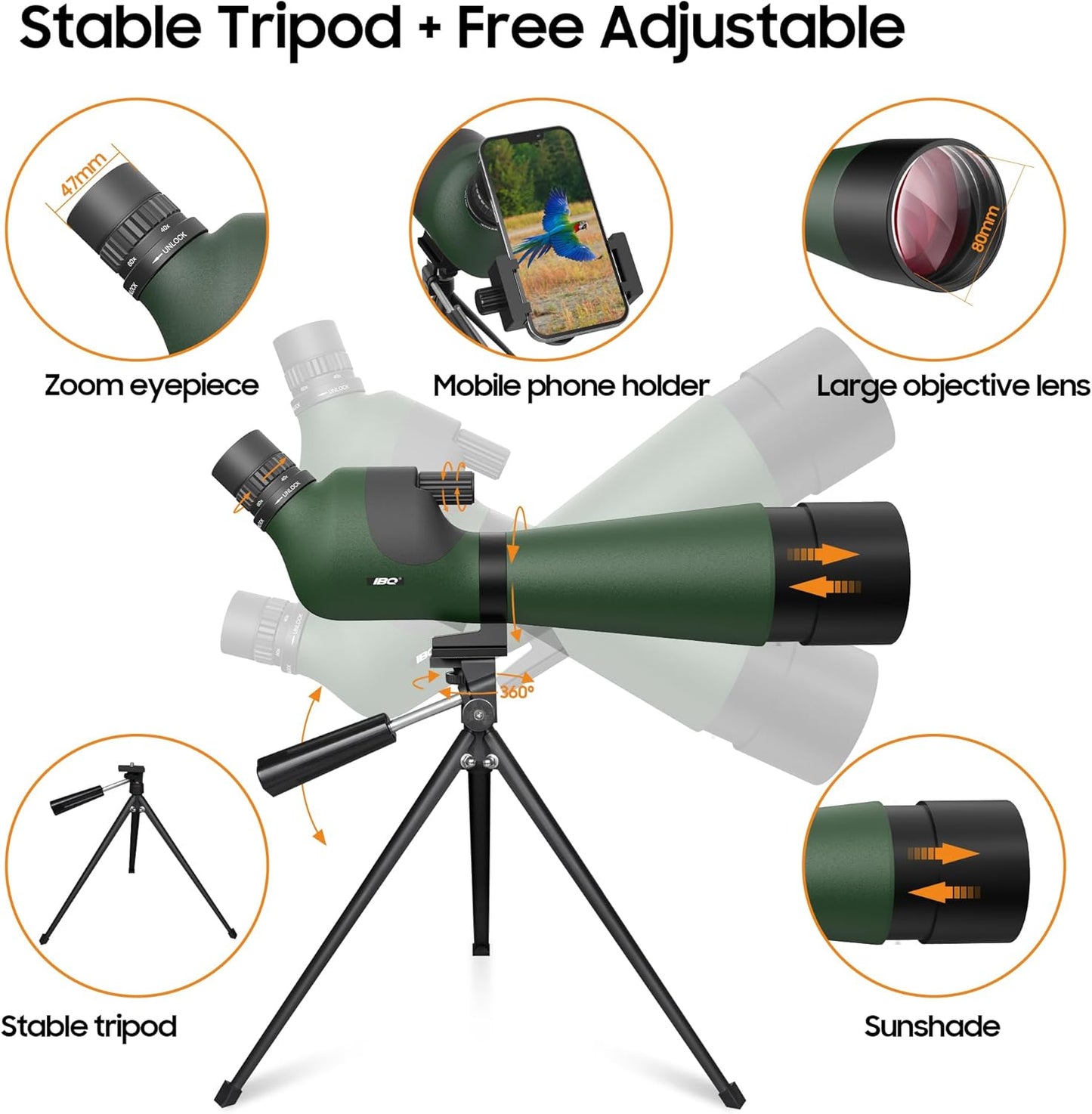 IBQ 20-60x85 Spotting Scope, Spotting scopes for Target Shooting, Spotting scopes for Hunting, BAK4 High Definition Waterproof Spotter Scopes for Bird Watching,with Tripod
