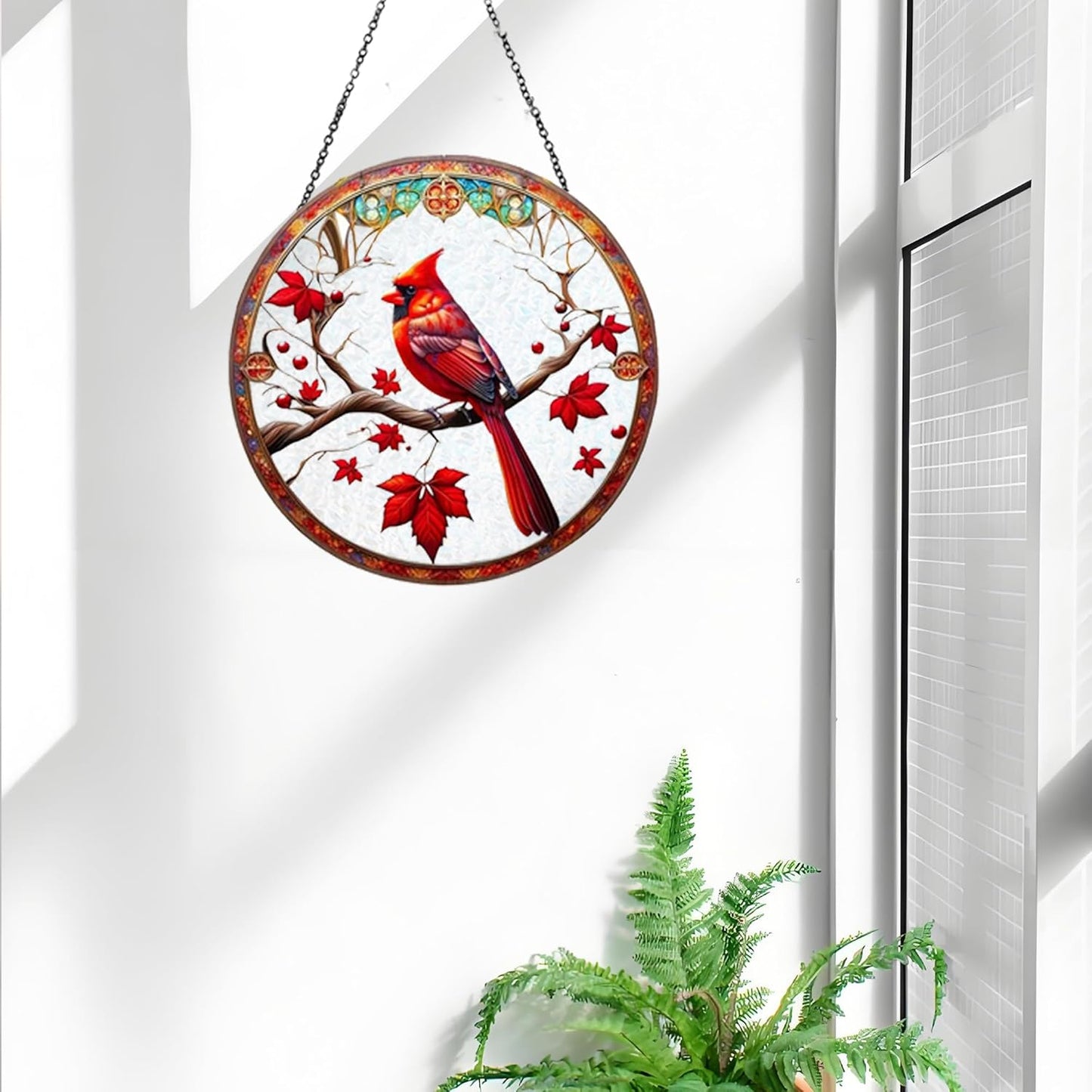 Cardinal Stained Glass Window Suncatcher Red Bird Hanging Ornament Rei