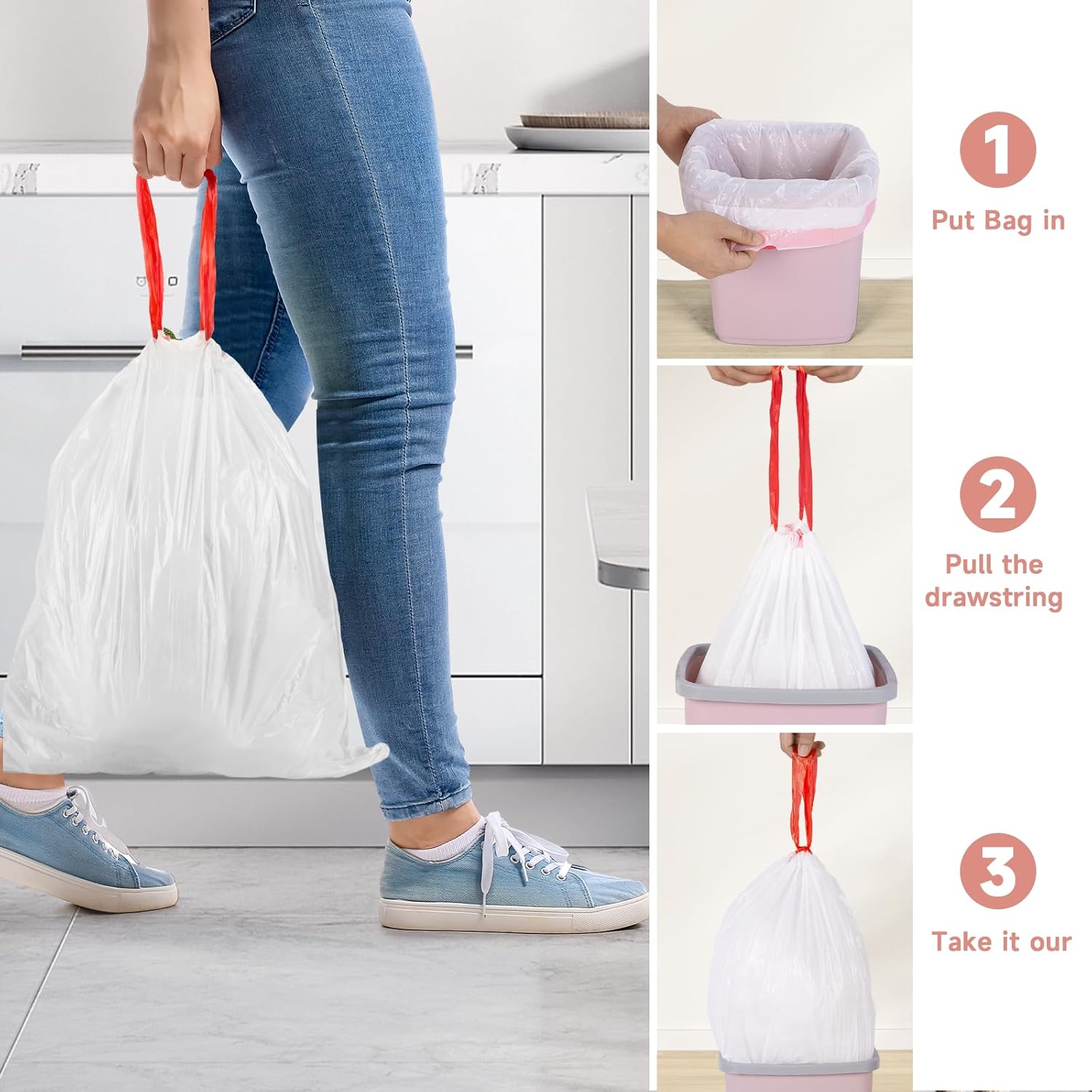 2 Gallon Small Trash-Bags Drawstring Bathroom - White Mini Garbage Bag