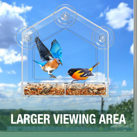 Window Bird Feeder with Strong Suction Cup and Self-Adhesive, Clear Window Birdfeeder for Larger Viewing, Squirrel-Proof Window Bird for Cats Outdoors