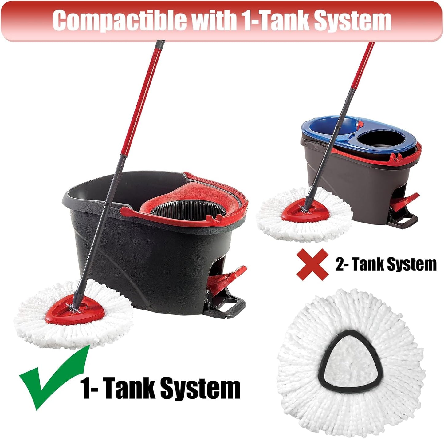Mop Head Replacement, 3 Pack Spin Mop Refill Replace Head Compatible O Cedar Easywring 1-Tank System, Great Cleaning Power, Microfiber, Helper Housework, Machine Washable Easy-to-Replace, White