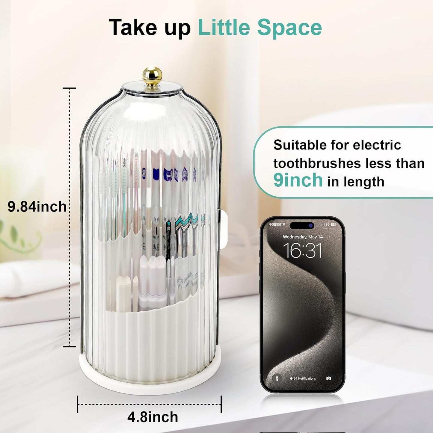 Toothbrush Holders with Sliding Lid, Rotating 3 Slots Bathroom Organiz