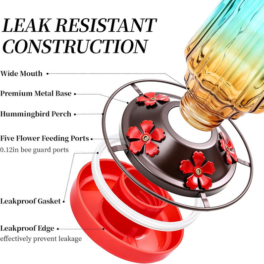 Glass Hummingbird Feeder for Outdoors Hanging, 16Oz Bird Nectar Feeder with Perch & 5 Flower Feeding Ports, Leak Proof for Outside Garden Decor Backyard, Gifts for Women Mom, Green