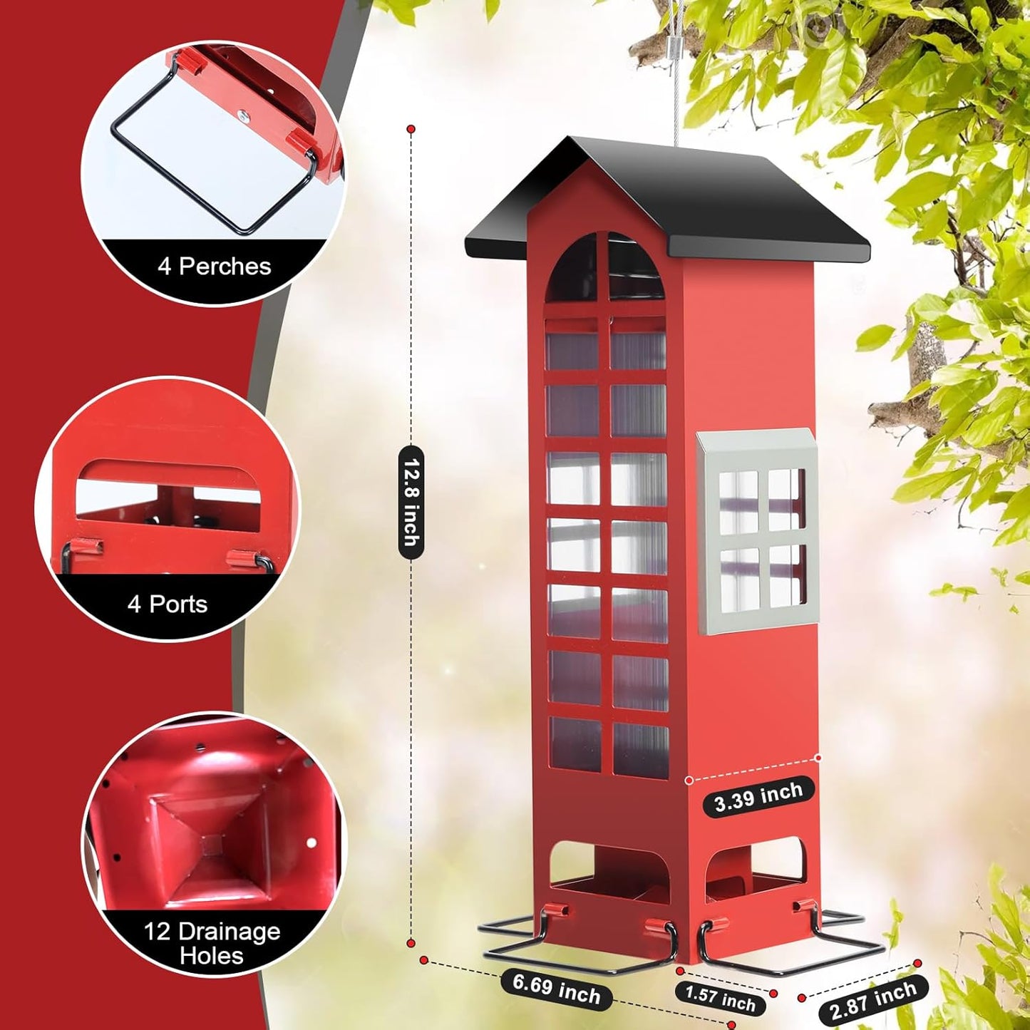 Bird Feeders Squirrel Proof for Outdoor Hanging Wild Bird Feeders with Weight Activated Ports, Metal Cardinal Tube Birdhouse Finch Seed Feeder, 2.5LB Capacity for Chickadee Blue Jay Woodpecker