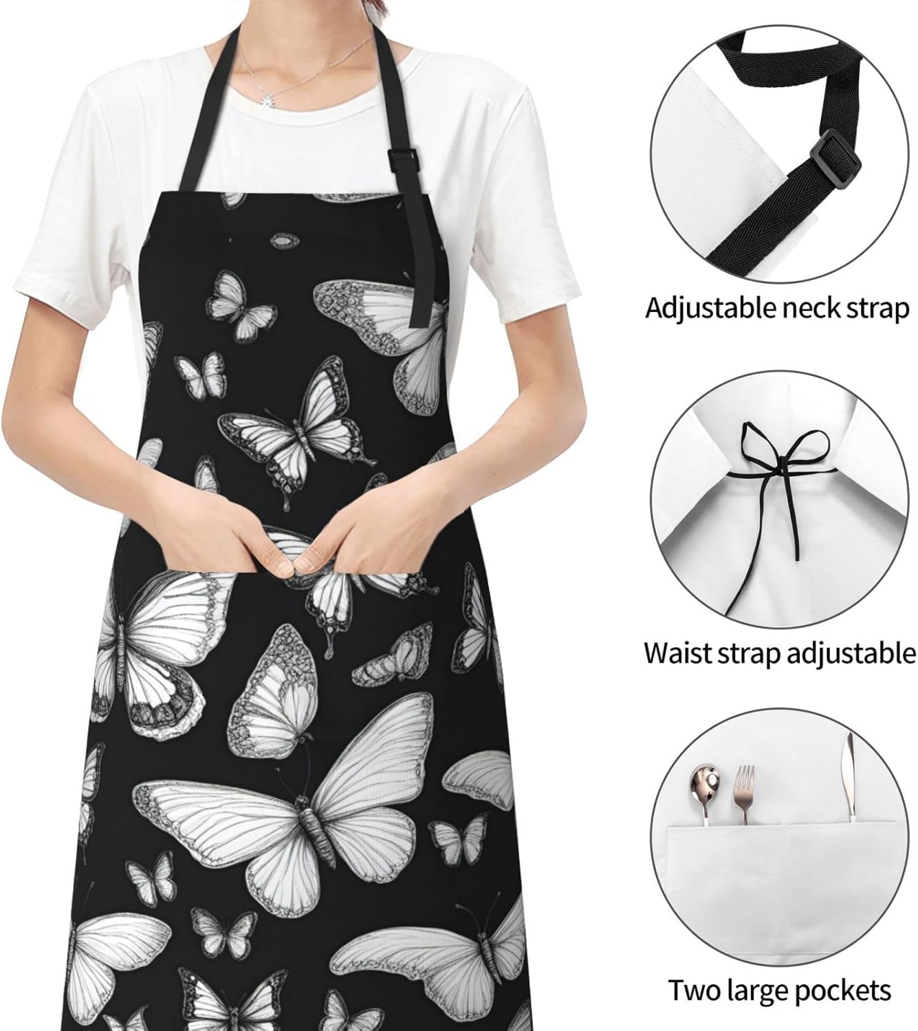 Hand drawn color butterfly 1 print Waterproof chef's apron with pocket apron for kitchen cooking baking barbecue and gardening
