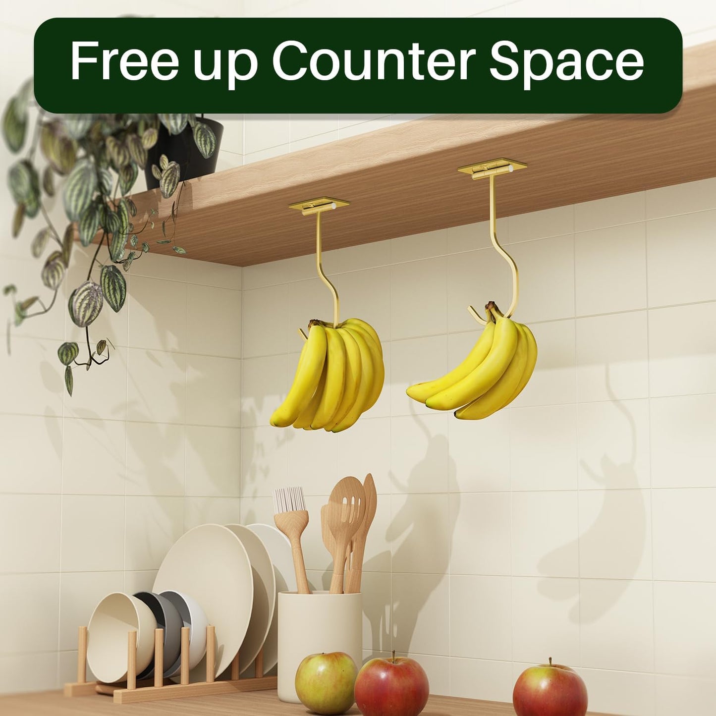Under Cabinet Banana Hook Adhesive: Foldable Banana Hanger, Gold Metal Banana Holder for Kitchen & RV, Space-Saving Design, Folding with Magnets When Not in Use, Keep Bananas Fresh