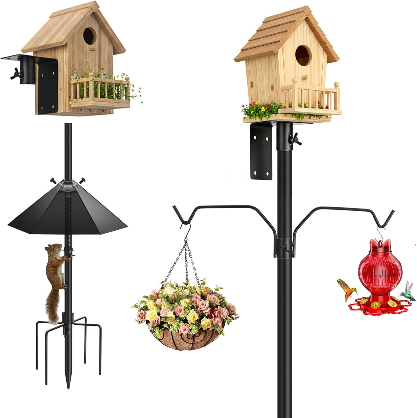 Bird Feeder Pole Kit, 95 Inch Metal Heavy Duty Bird House Pole with Squirrel Baffle,5-Prong Base,Hook for Hanging Bird feeders