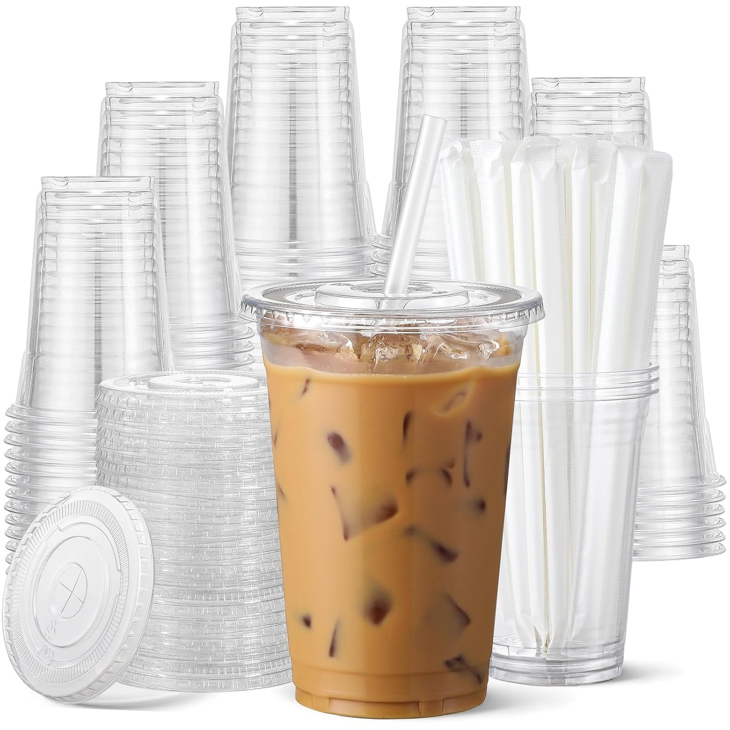 AOZITA 100 Pack - 16 oz Clear Plastic Cups with Lids and Straws, Food 