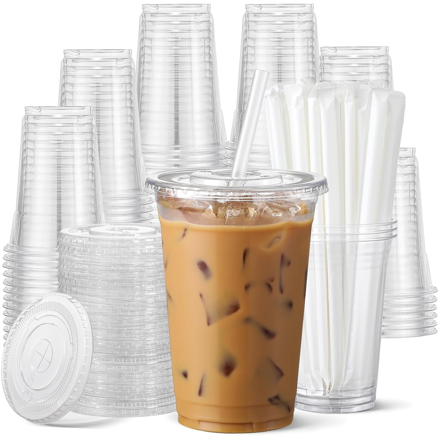 AOZITA 100 Pack - 16 oz Clear Plastic Cups with Lids and Straws, Food 