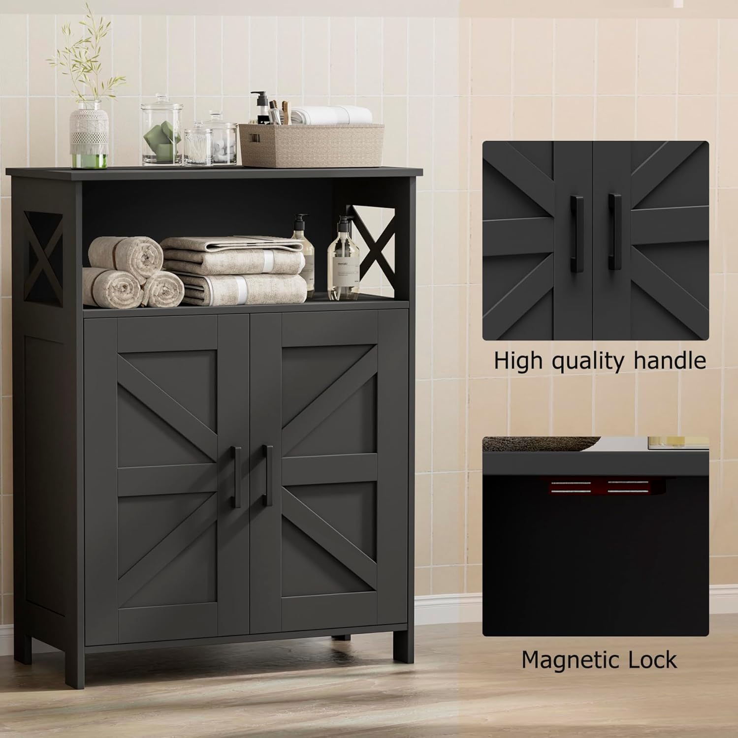 Homhedy Farmhouse Bathroom Storage Cabinet with 2 Doors, Toilet Paper 