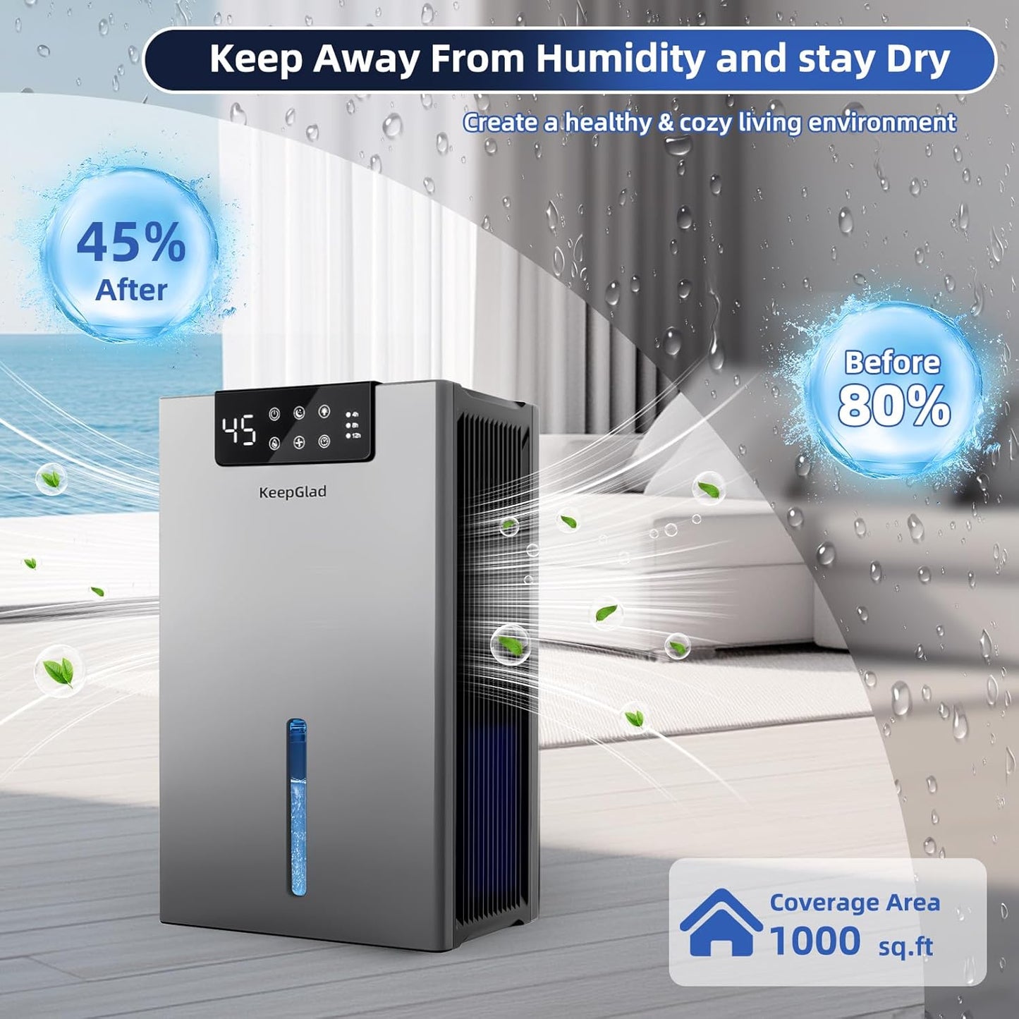 Dehumidifier, 98OZ Dehumidifiers for Home(1000sq.ft), Humidity Display Dehumidifier for Basement Bathroom Bedroom, Auto Shut Off, Washable Filter, Drain Hose, Timer, 7 Ambient Lights, Gray