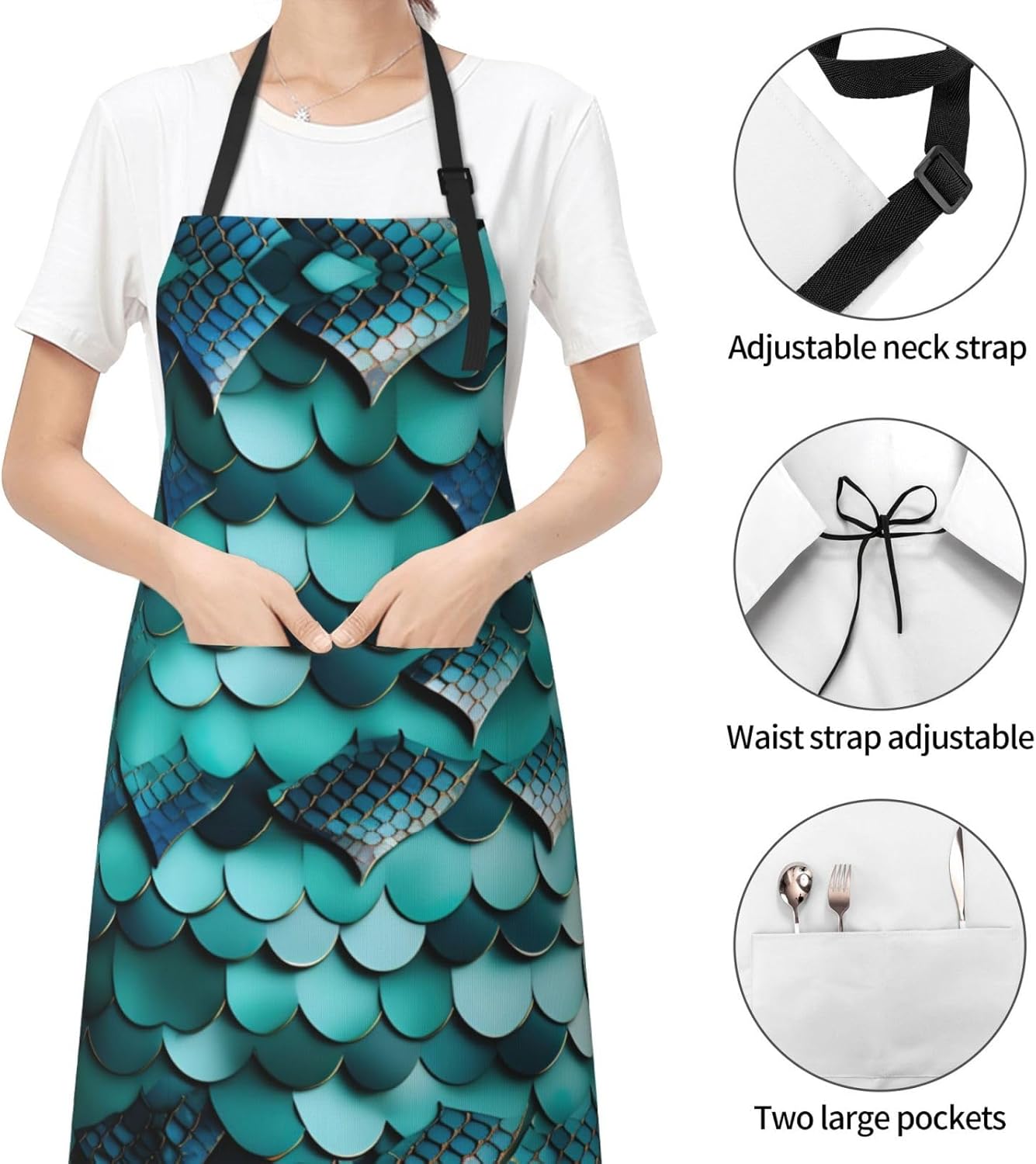 Mermaid fish scale print print Waterproof chef's apron with pocket apron for kitchen cooking baking barbecue and gardening
