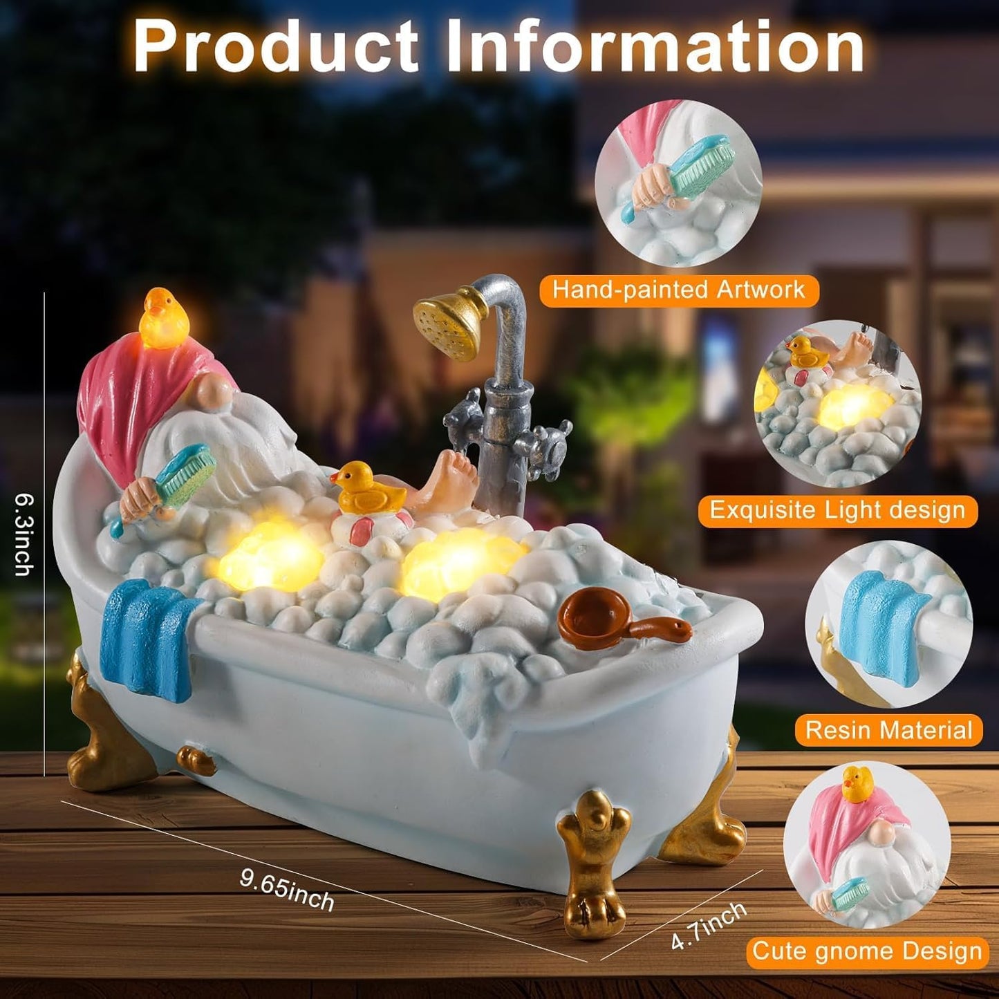 WINTS Solar Garden Gnome, Resin Bathing Figure Outdoor Decorations with Cute Solar Lights for Lawn, Yard, Garden, Funny Gnome Gifts for Women, Birthday