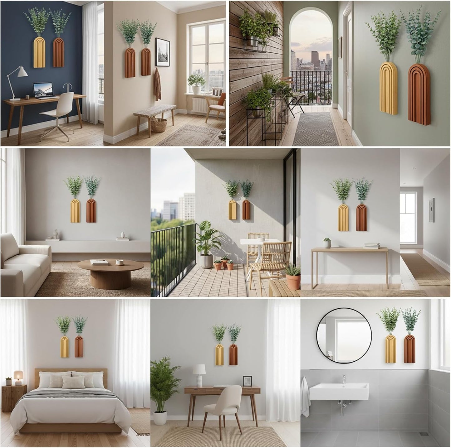 2 Pack Wood Wall Planter Vase Set with Artificial Eucalyptus, Modern Farmhouse Hanging Planters for Indoor Plants, Boho Home Wall Decor for Living Room, Bedroom, Office, Entryway, Hallway, Patio