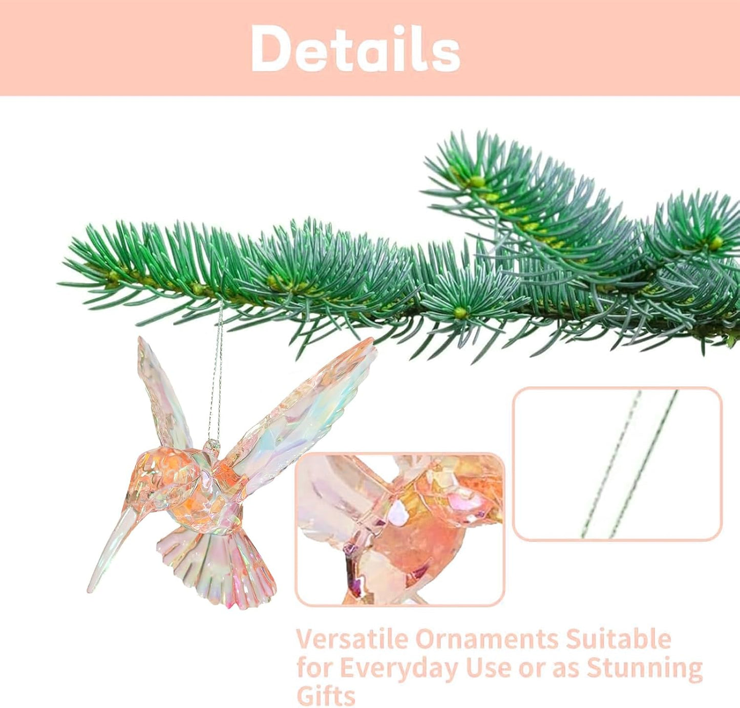 Hummingbird Ornament Decor Figurines Acrylic Hanging Hummingbirds Crystal Suncatcher Bird Figurine for Home Decorative Tree Ornaments Charm Humingbird Party Decorations(Iridescent)