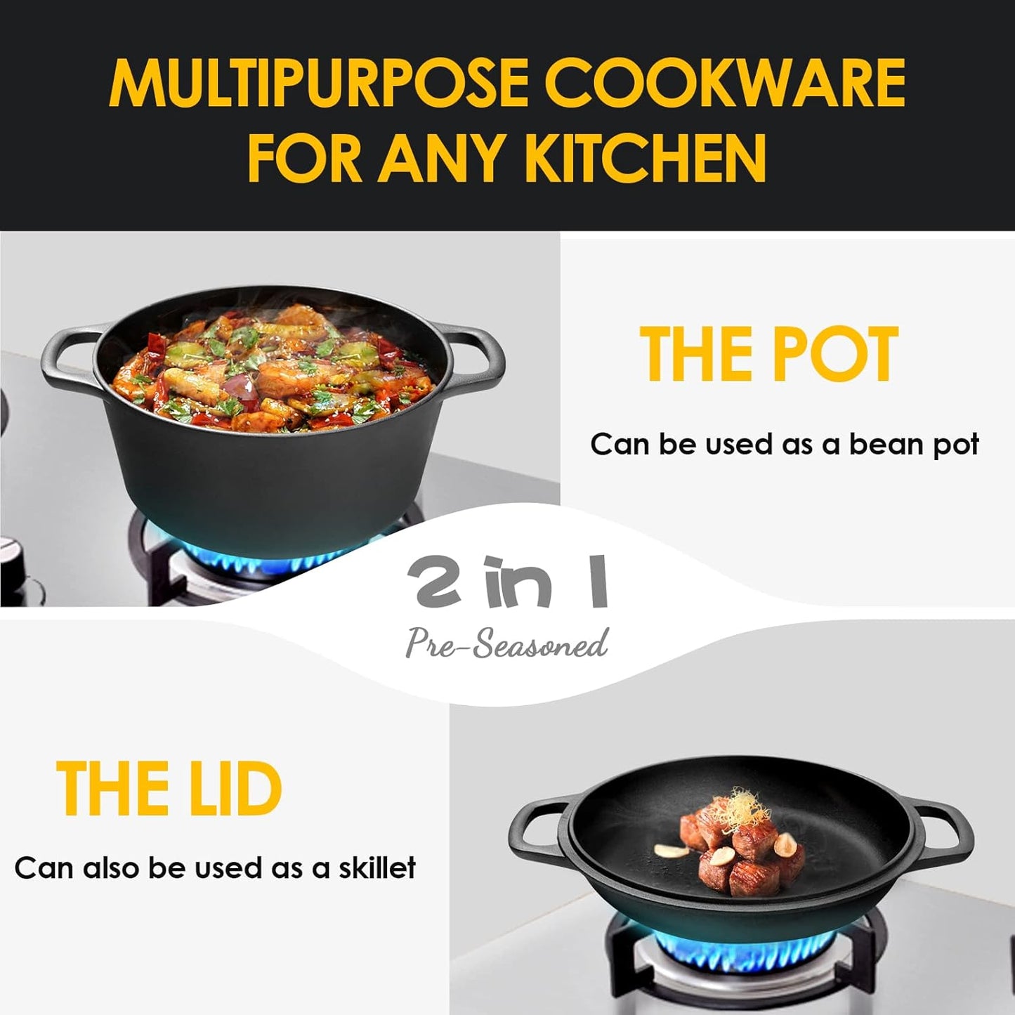 2-in-1 Pre-Seasoned Cast Iron Dutch Oven Pot with Skillet Lid Cooking 