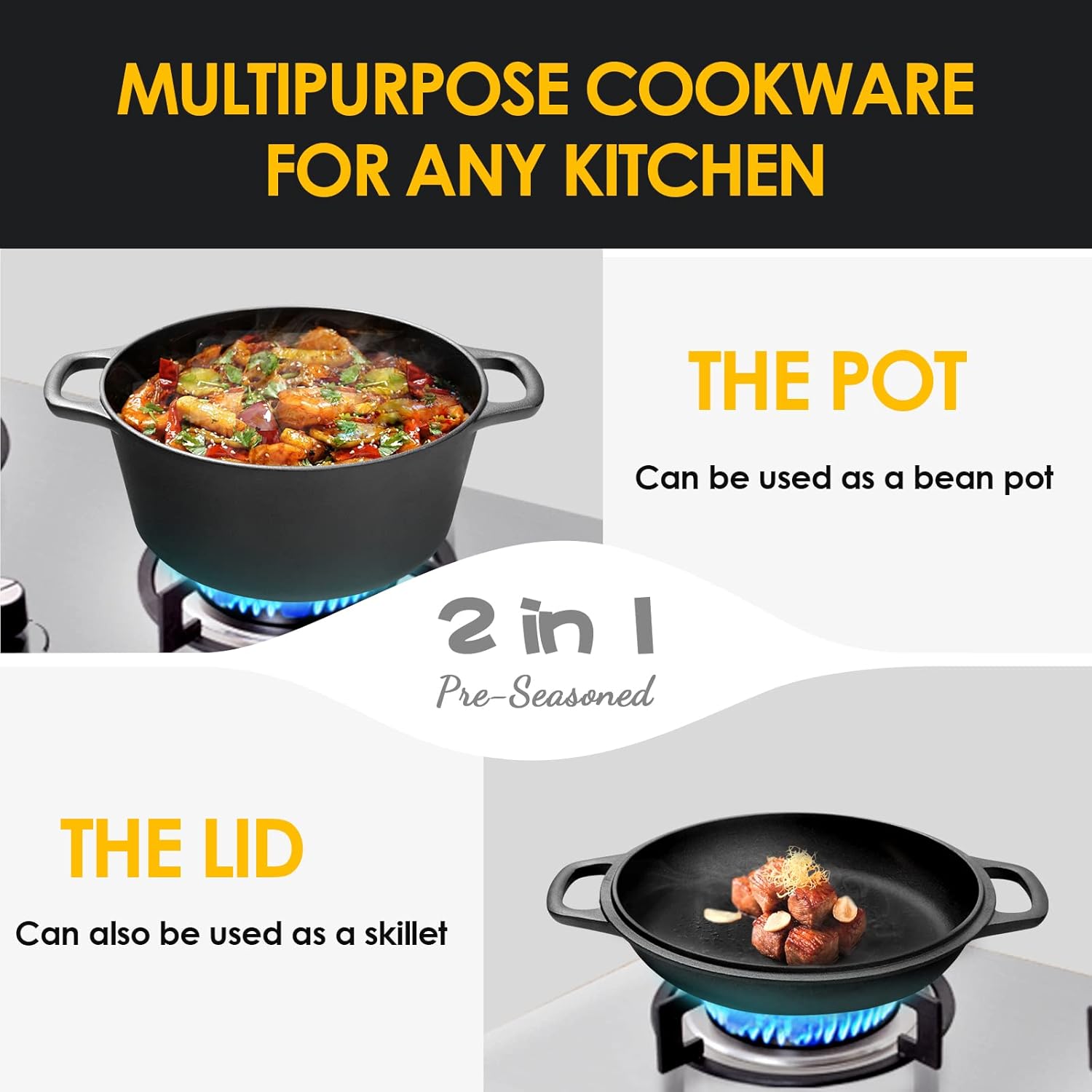 2-in-1 Pre-Seasoned Cast Iron Dutch Oven Pot with Skillet Lid Cooking 
