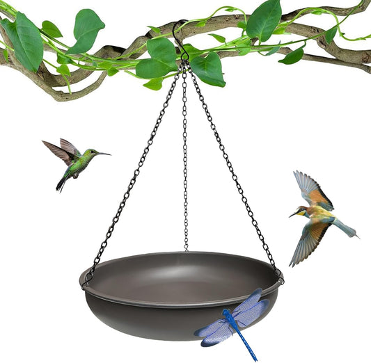 Hanging Bird Bath for Outside,11" Metal Bird Feeder Birdbath Bowl with 13.5" Rust-Proof Black Chains for Garden Backyard Decor with Magnetic Dragonfly Decor Dark Curry