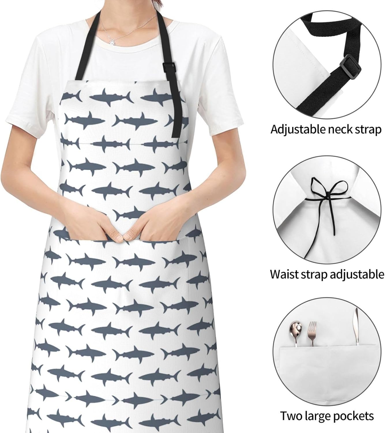 fish and shark print Waterproof apron with pocket adjustable cooking apron for adult kitchen bibs to bake