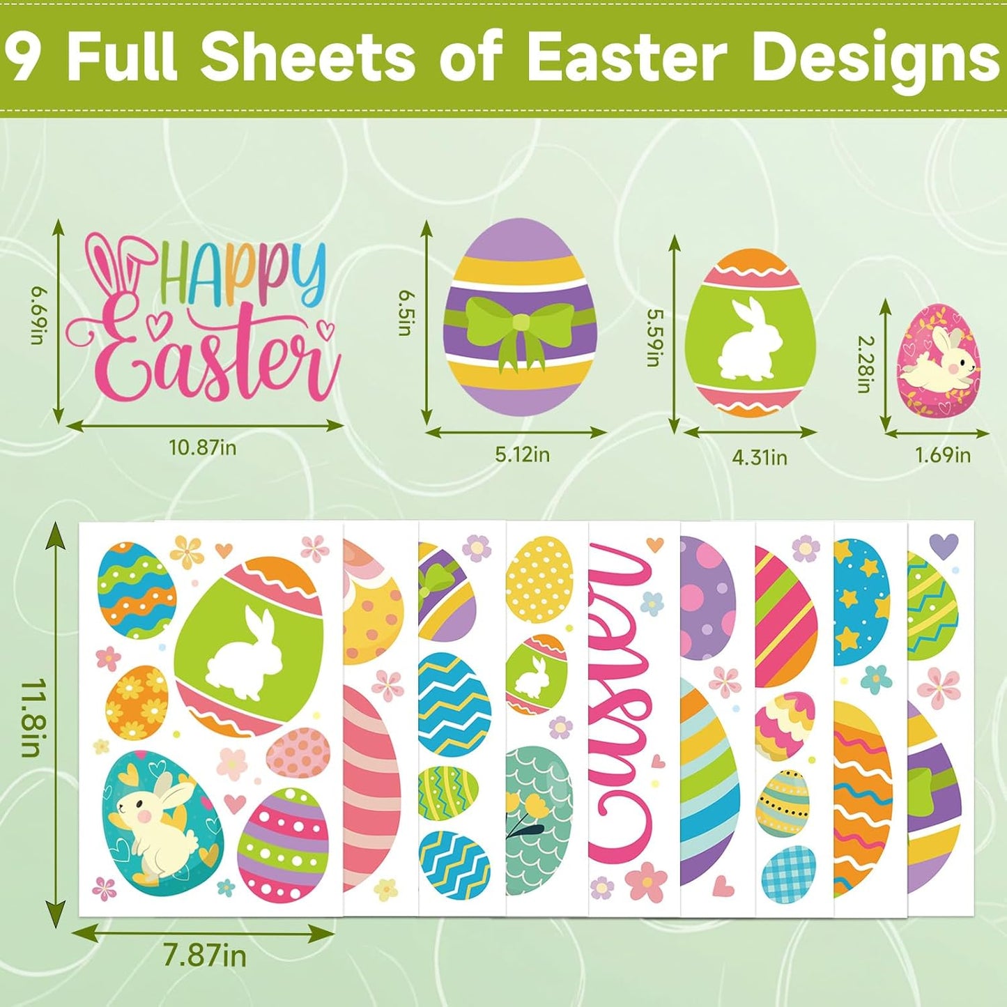 9 Sheets Easter Window Clings Decorations, Happy Easter Eggs Window Stickers for Home, Office, School, Bunny Rabbit Spring Decals Decor for Glass Doors