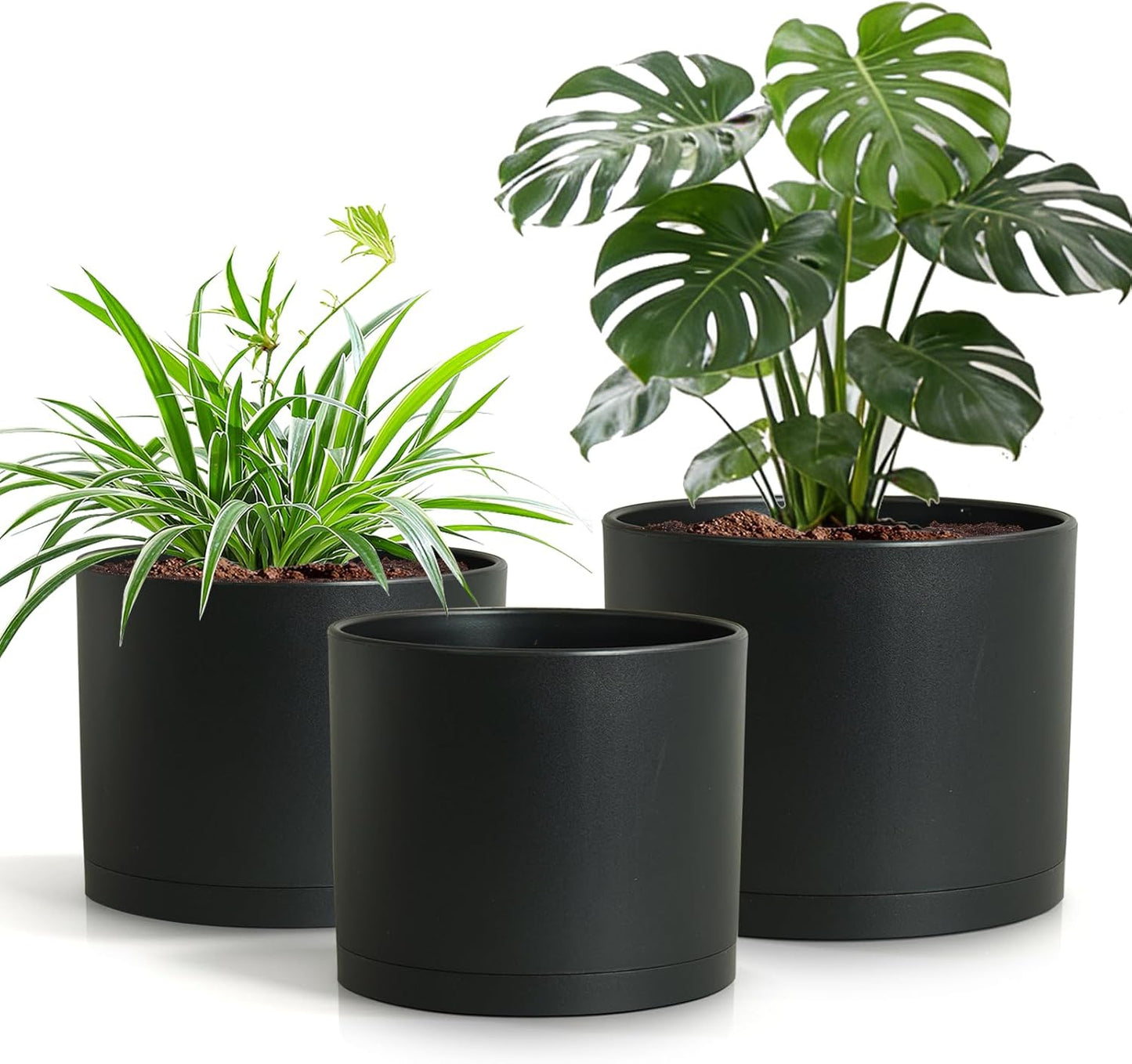 (3 Pack) 10 Inch Plant Pot with Drainage and Saucers, 10/9/8 Inch Plas