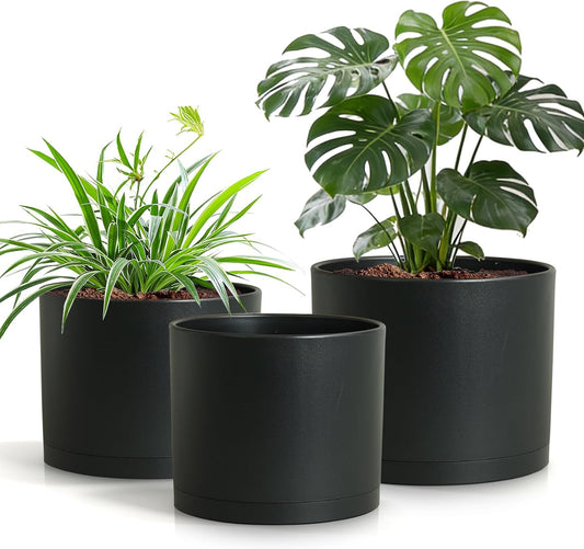 (3 Pack) 10 Inch Plant Pot with Drainage and Saucers, 10/9/8 Inch Plas