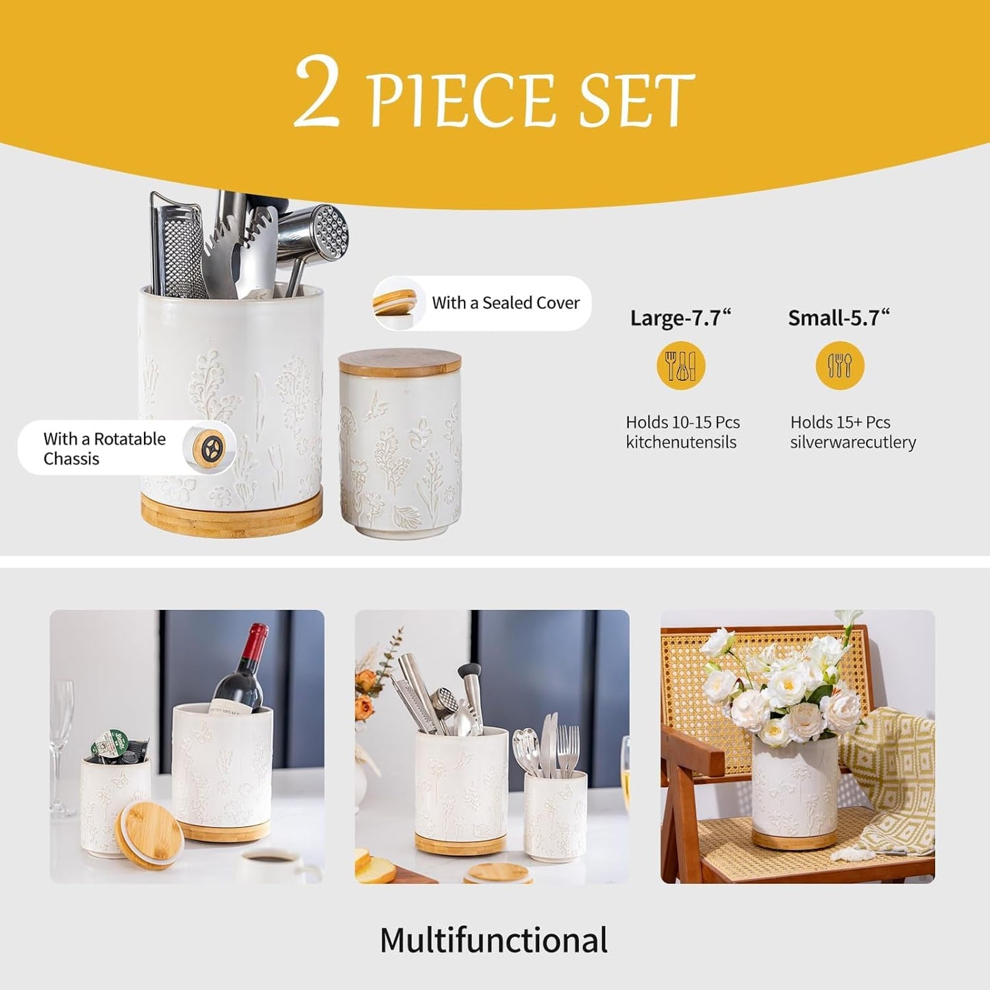 TEATALK Ceramic Utensil Holder Set, 360° Rotating Organizer for Counte