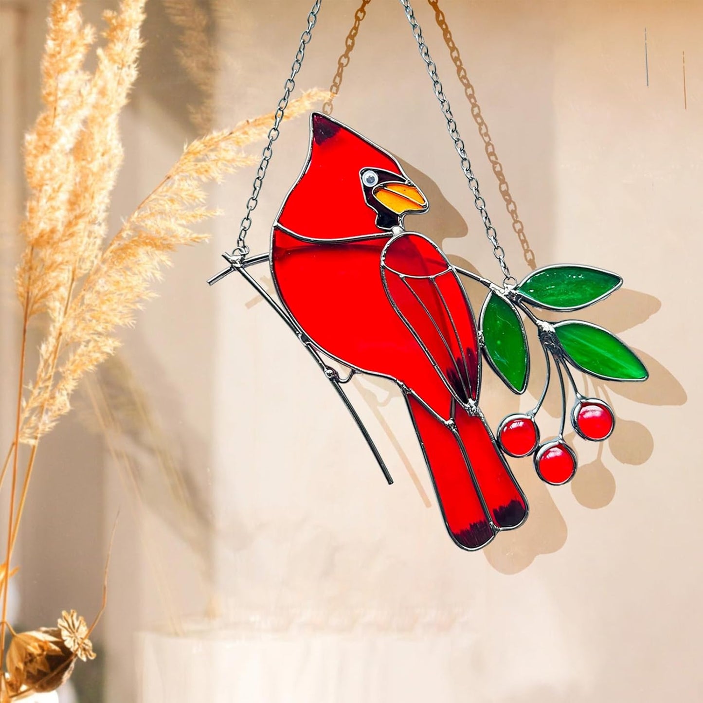 Red Birds Ornaments Stained Glass Suncatcher,Cardinal Stained Glass Window Hanging,Cardinal Decor for Housewarming,Cardinal Memorial Gifts for Women,Grandparents,Friends