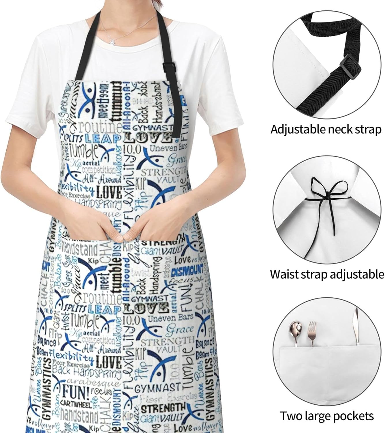 Gymnastics Blue print Waterproof apron with pocket adjustable cooking apron for adult kitchen bibs to bake