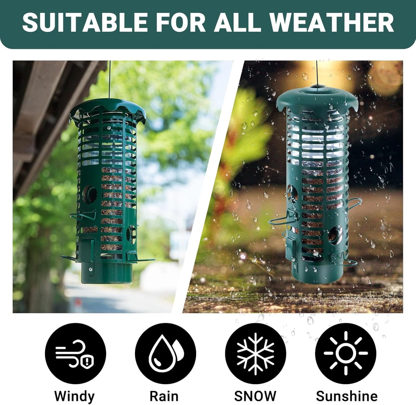 Squirrel Proof Bird Feeders Metal for Outdoors Hanging Weight Activated Wild Bird Seed Feeder for Finch Cardinal Chickadee, Weatherproof & Chew-Proof, 2LB Large Capacity, Green