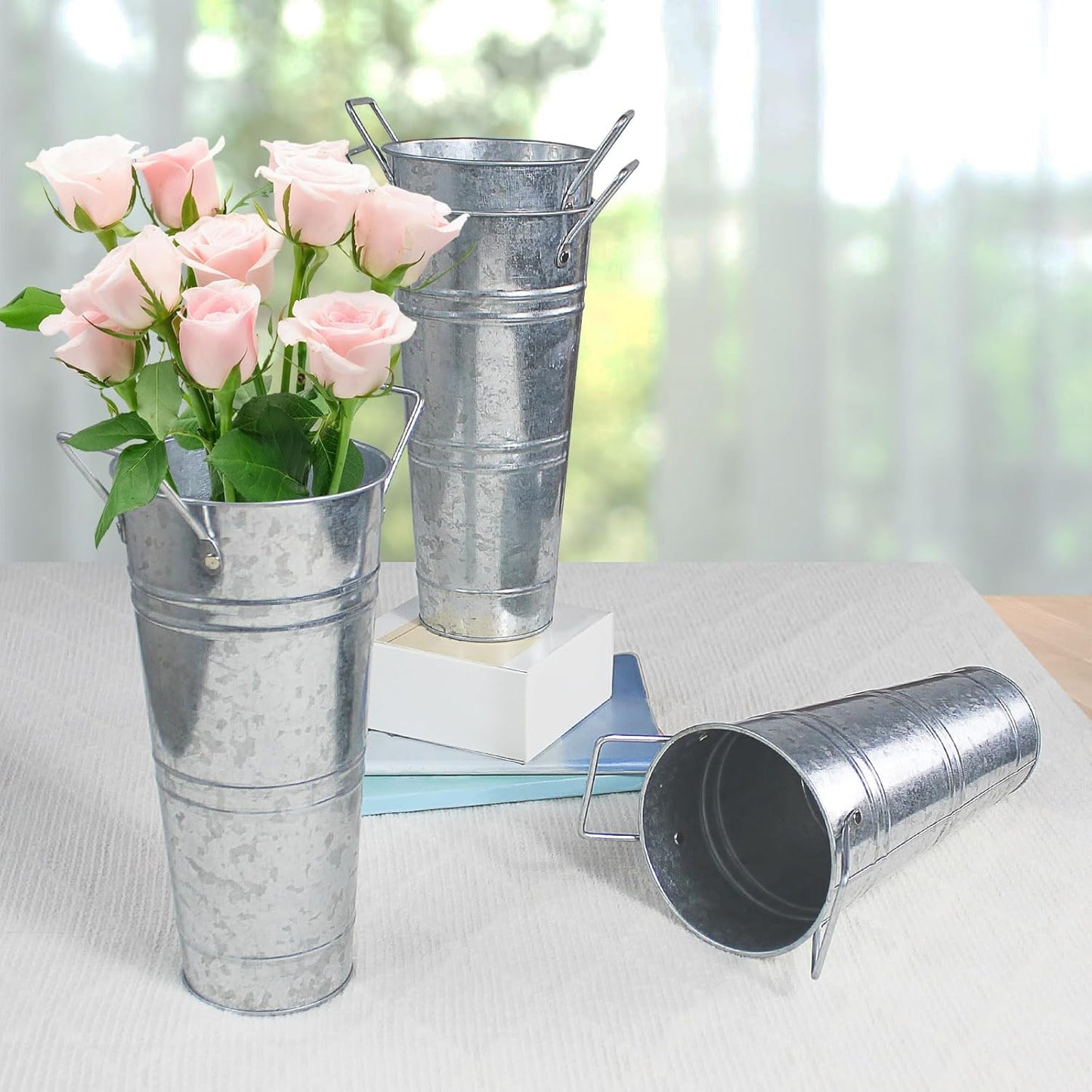 Galvanized Metal Bucket Vases Set of 8, 9 Inch Farmhouse French Flower Buckets Pots with Handles, Rustic Decorative Metal Holder Flower Vase for Home Wedding Table Centerpiece Decor (Silver)