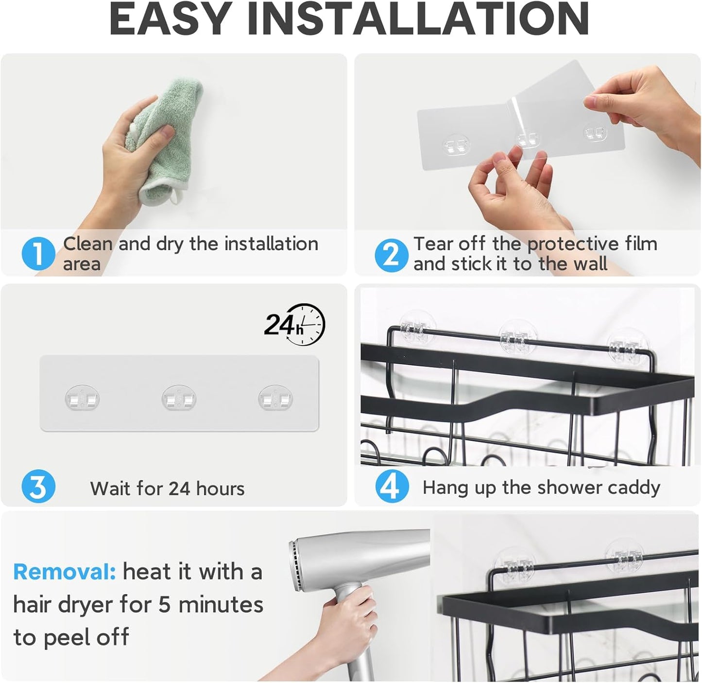Lsnisni 14 Pack Shower Caddy Adhesive Replacement, Strong Adhesive Hooks, Waterproof Shower Adhesive Strips, No Drilling, for Bathroom Storage Shelves and Kitchen Racks