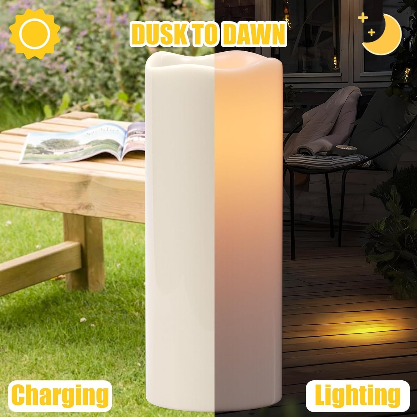 Large Solar Powered Candles, Outdoor Rechargeable Flameless Candles, Waterproof LED Light Candles Flickering for Lantern Garden Camping Patio Home Decor Dusk to Dawn 2 PCS 4" x10"