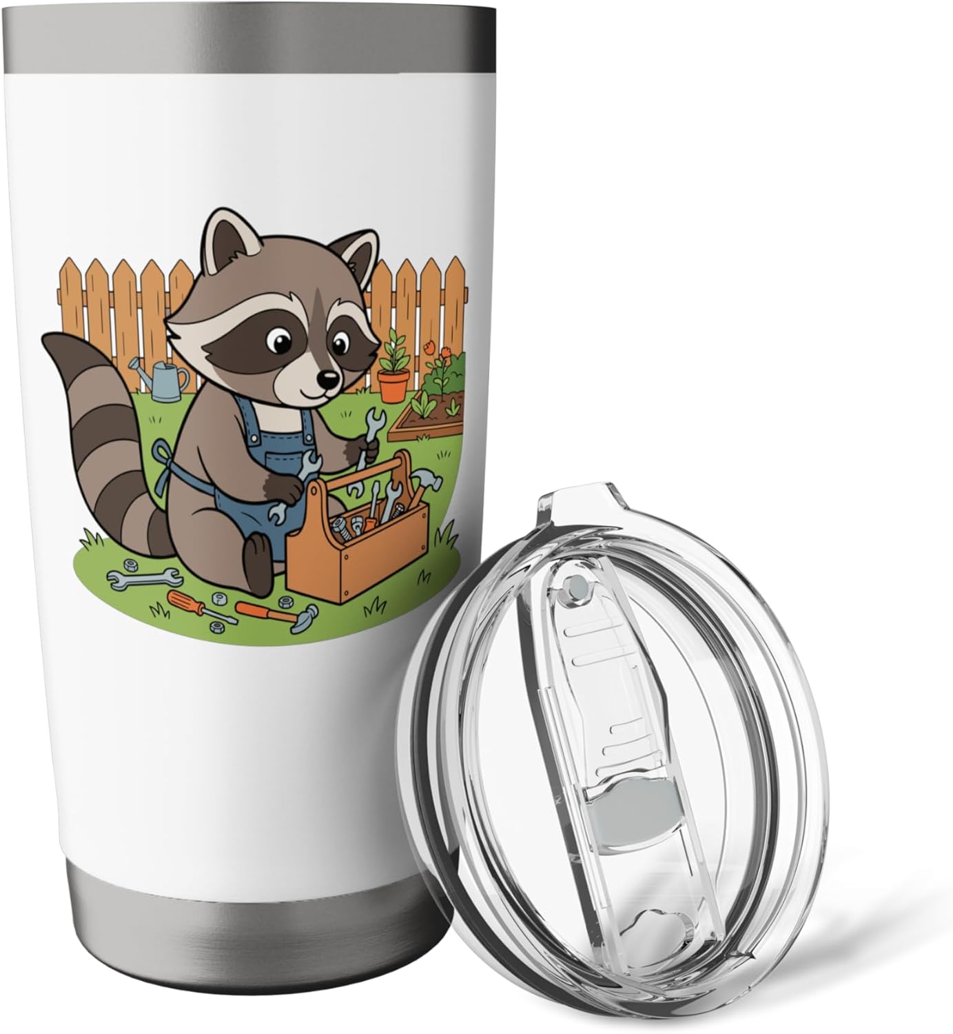 Cute Raccoon Mechanic With Toolbox In Garden Stainless Steel Insulated