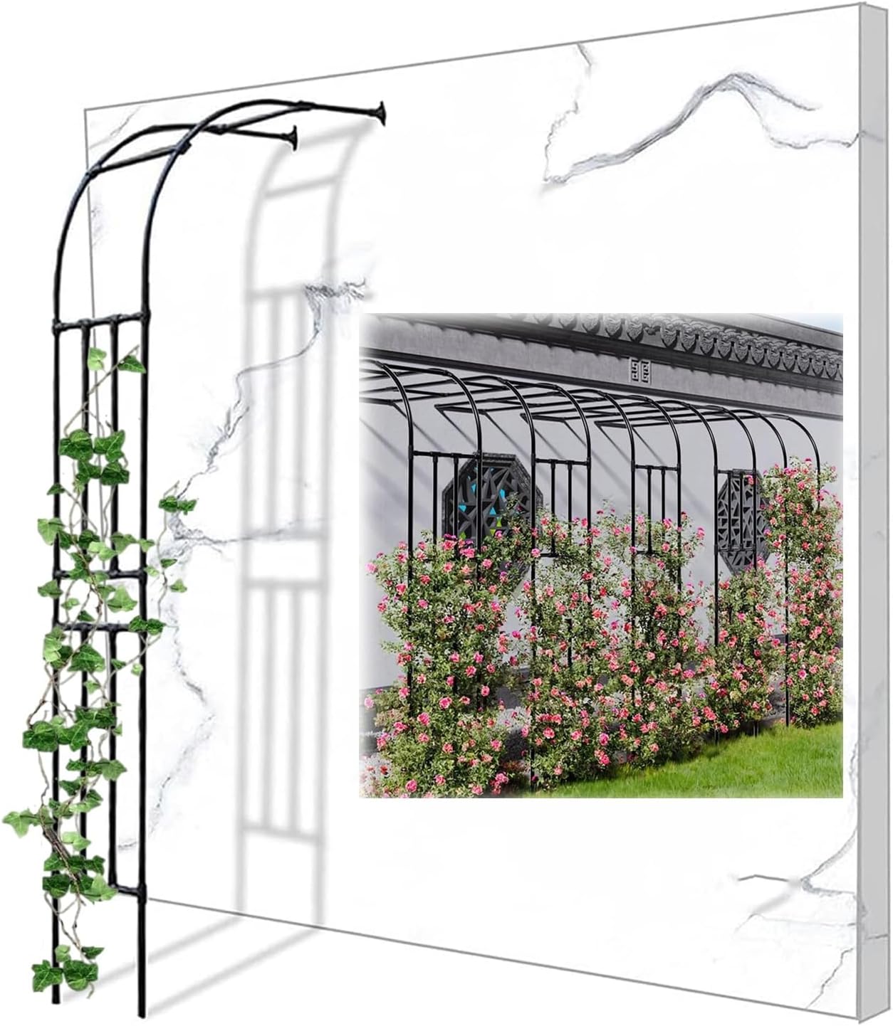 Garden Half Arch Arbor Trellis - Metal & PE Coated Climbing Plant Support, Outdoor Floral Archway for Roses, Vines, and Garden Decor (Black, 60x240x40cm)