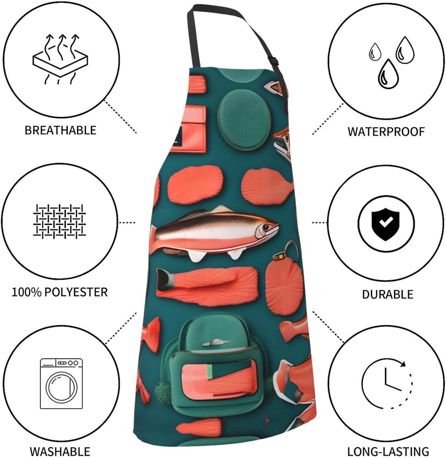 Salmon pattern Print Laundry apron 28x33 In Waterproof Kitchen Apron with Pockets for Cooking Baking