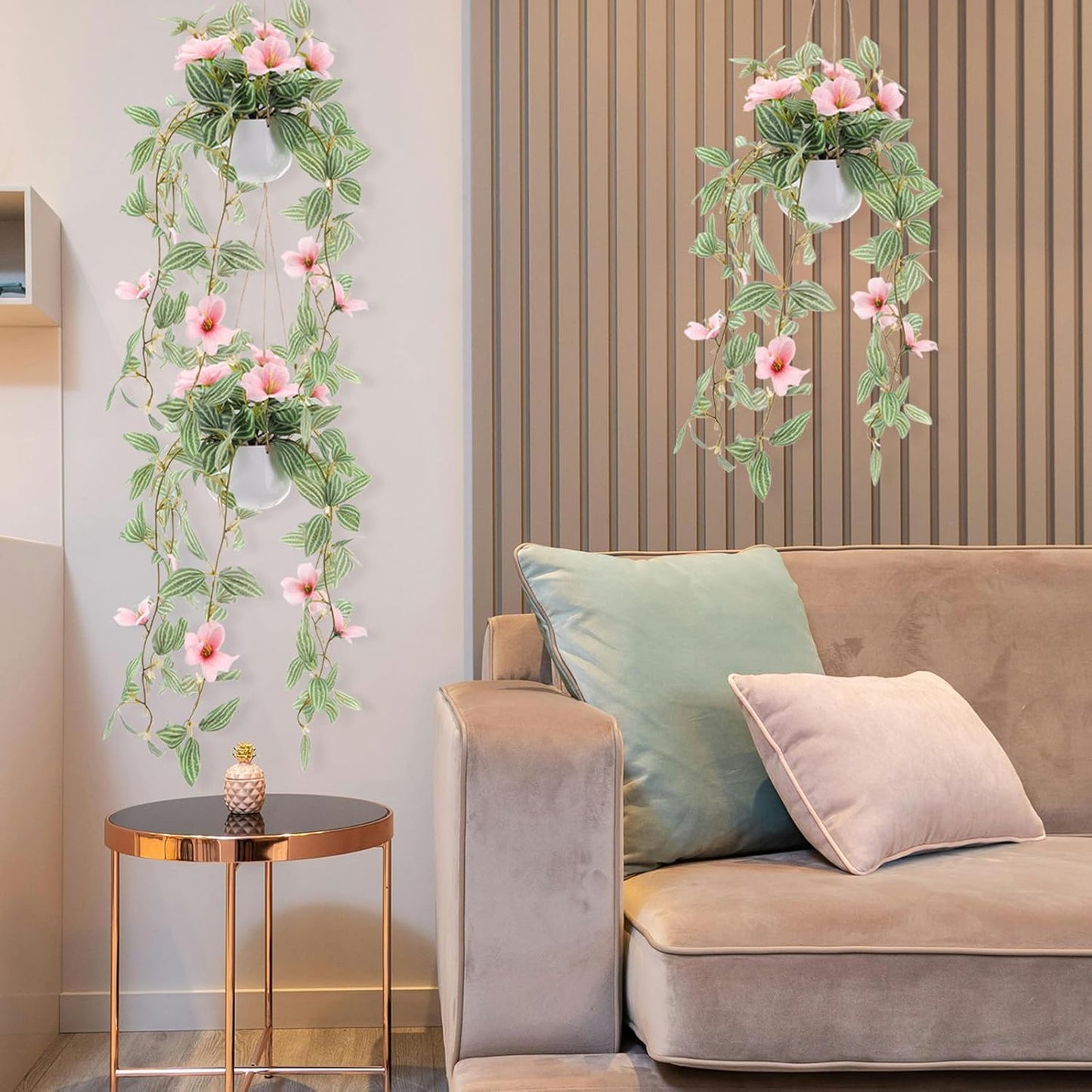 2 Packs Fake Hanging Plants Artificial Decor Small Hanging Plant Pot with Artificial Vines and Pink Flower Greenery Decoration Living Room Wall Home Wall Shelf Indoor Outdoor
