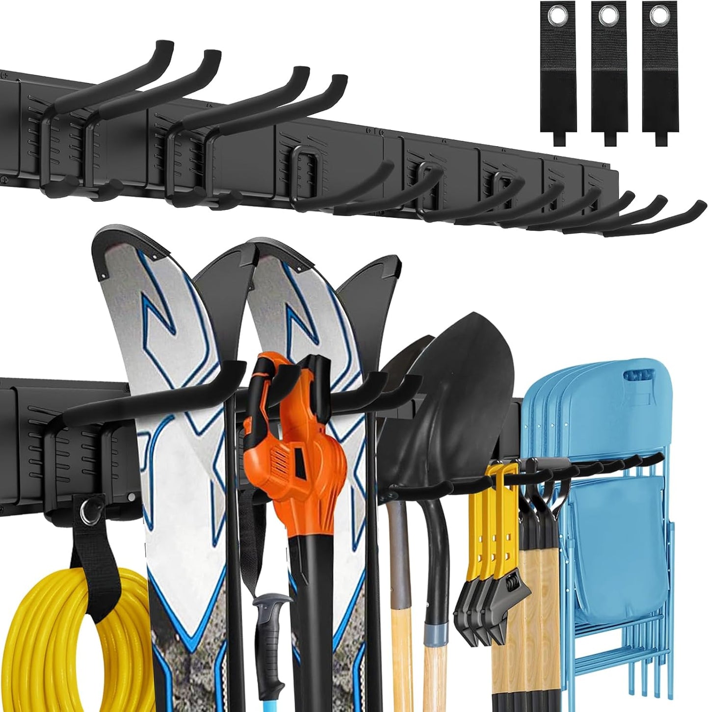 Garage Tool Organizer Wall Mount, 48 Inches Garden Garage Storage Organizer with Adjustable Hooks, Metal Garage Storage Rack Max Loading 440lbs, Tool Holder for Hanging Rake Broom Mop Snowboard