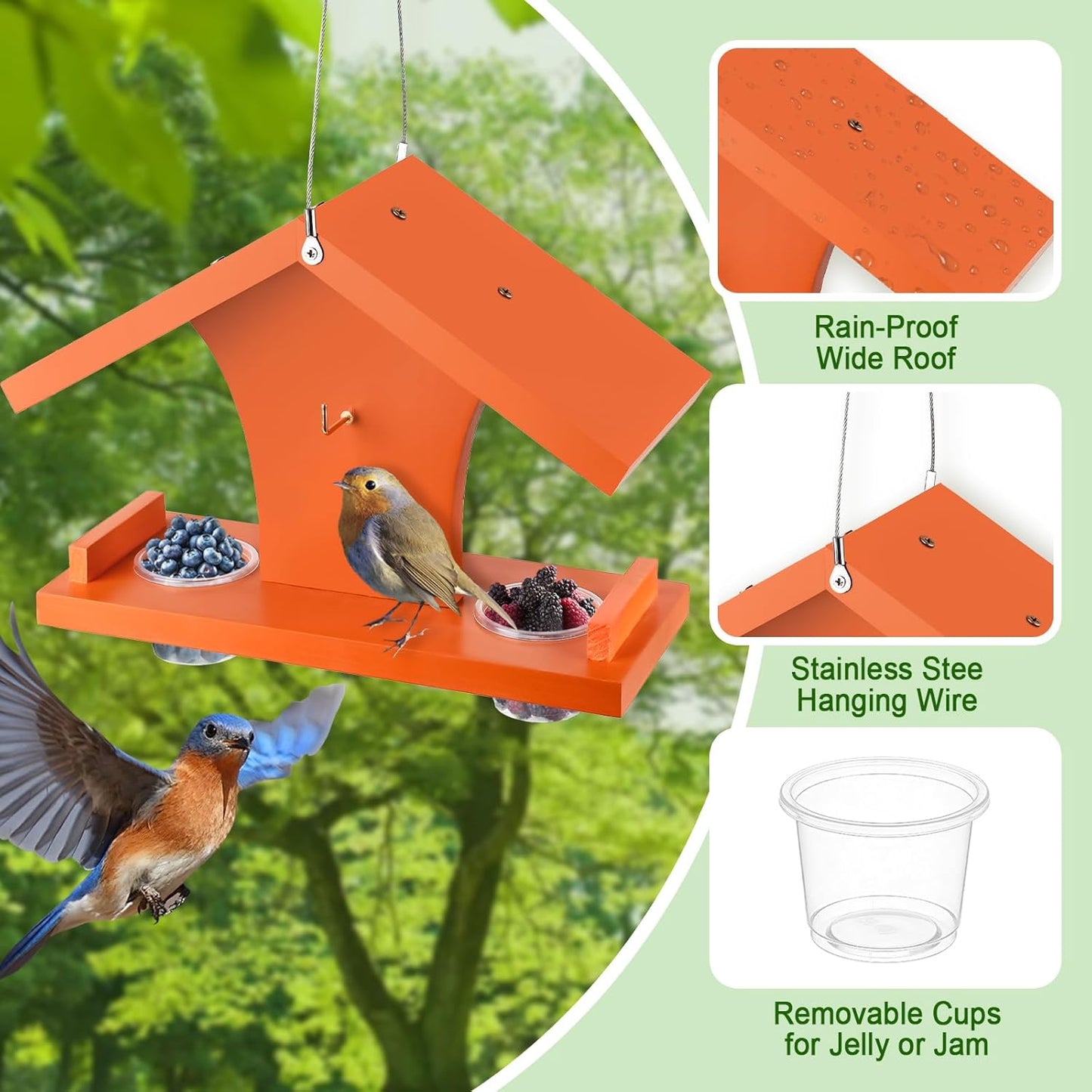 Oriole Feeder for Outdoors Hanging, Wooden Feeder for Oriole Birds with Pegs for Orange Halves, 6 Removable Cups for Jelly or Jam,Fruit,Nectar or Seed, Orange