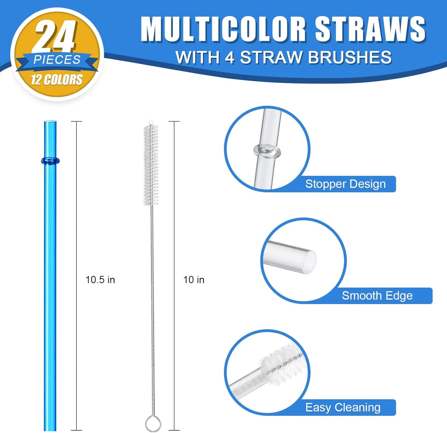 24 PCS, Reusable Straws with 4 Brushes, 10.5" Long Tritan Hard Plastic
