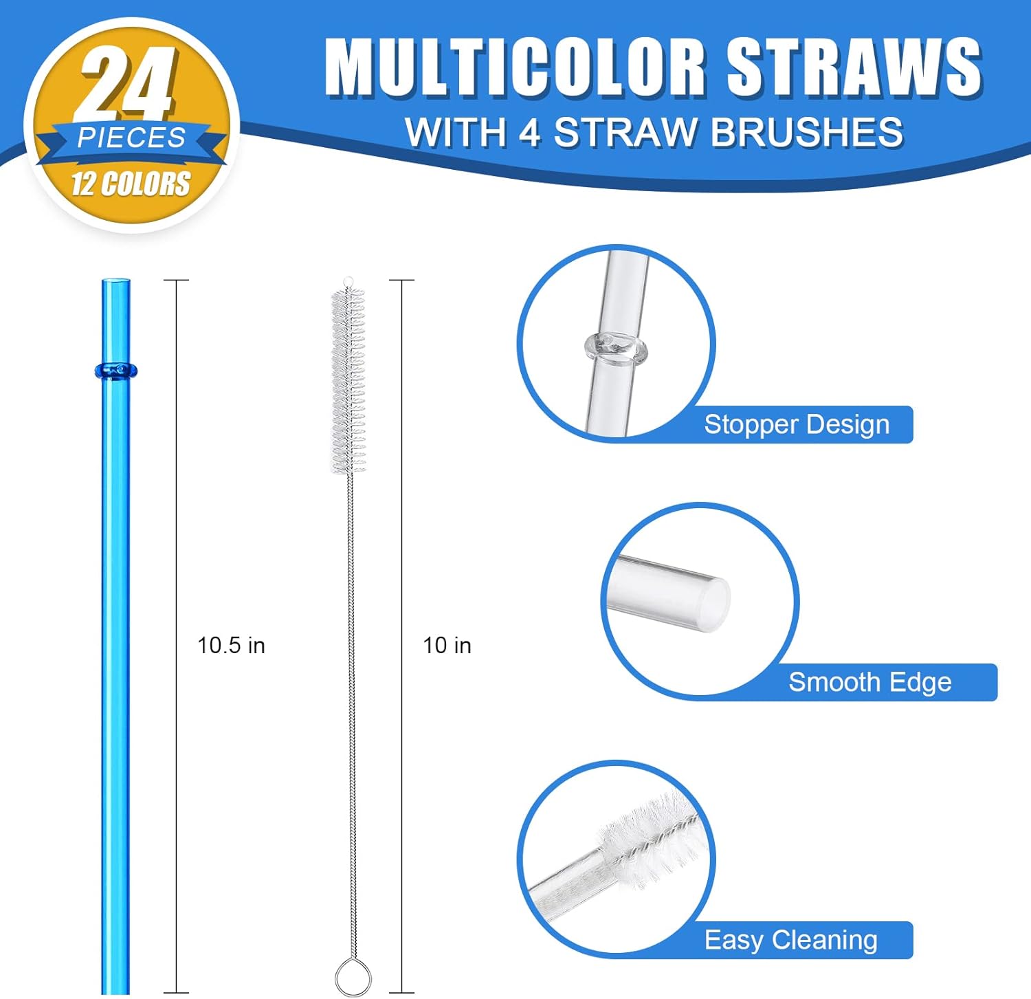 24 PCS, Reusable Straws with 4 Brushes, 10.5" Long Tritan Hard Plastic