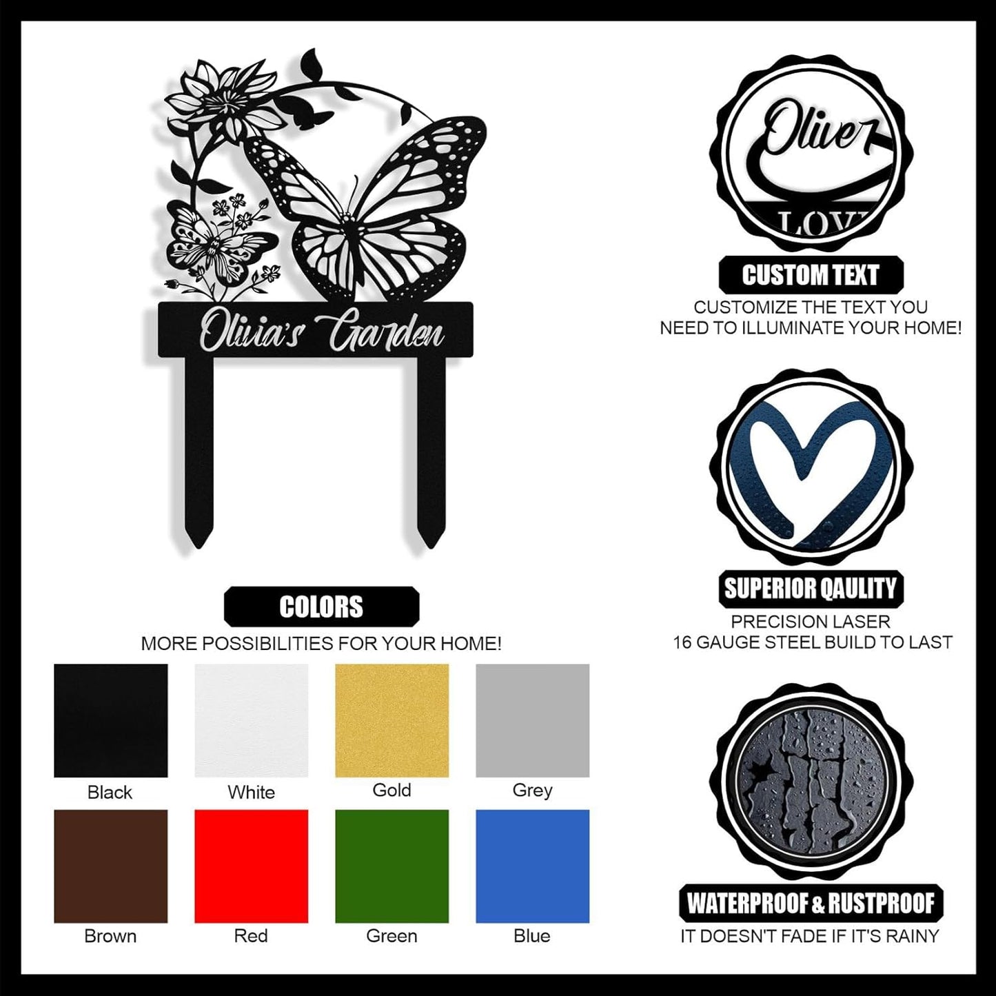 Custom Metal Butterfly Garden Signs with Stake, Personalized Garden Si