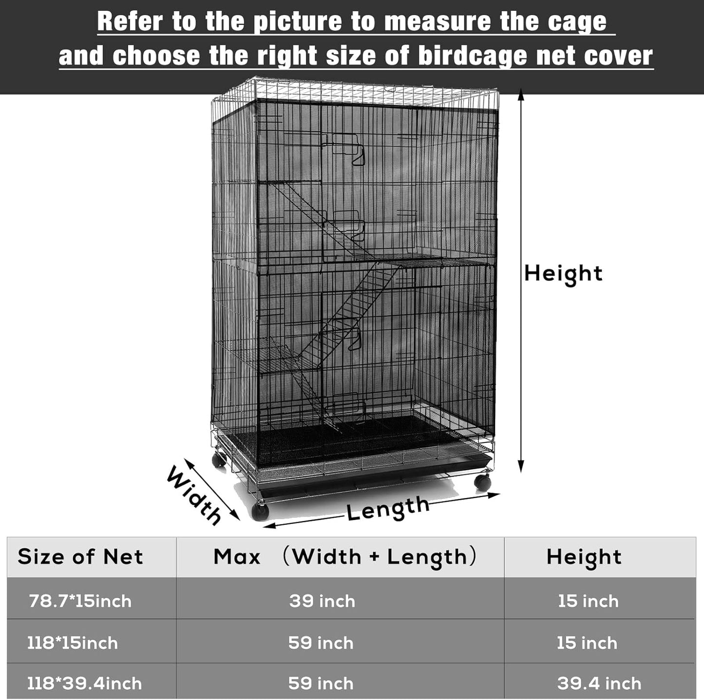 Shappy Large Bird Cage Seed Catcher,Bird Cage Cover Net Skirt Guard,Adjustable Soft Airy Mesh Net for Parrot Parakeet Macaw(118 x 15 Inch/ 300 x 37 cm,Black)